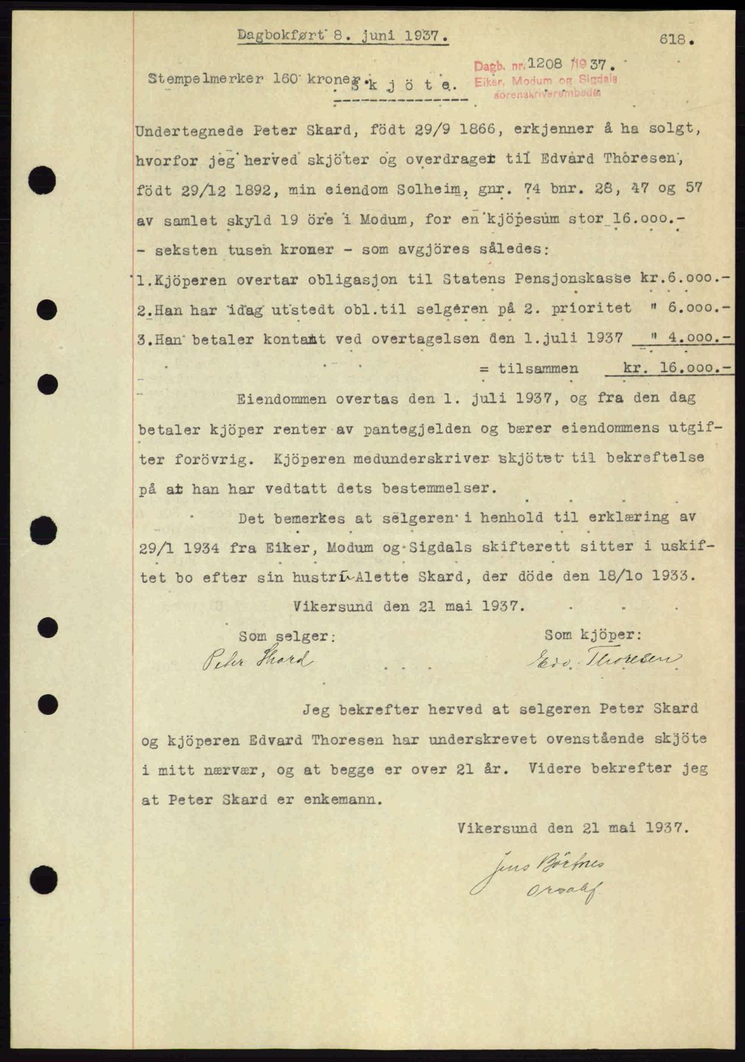 Eiker, Modum og Sigdal sorenskriveri, SAKO/A-123/G/Ga/Gab/L0035: Mortgage book no. A5, 1937-1937, Diary no: : 1208/1937