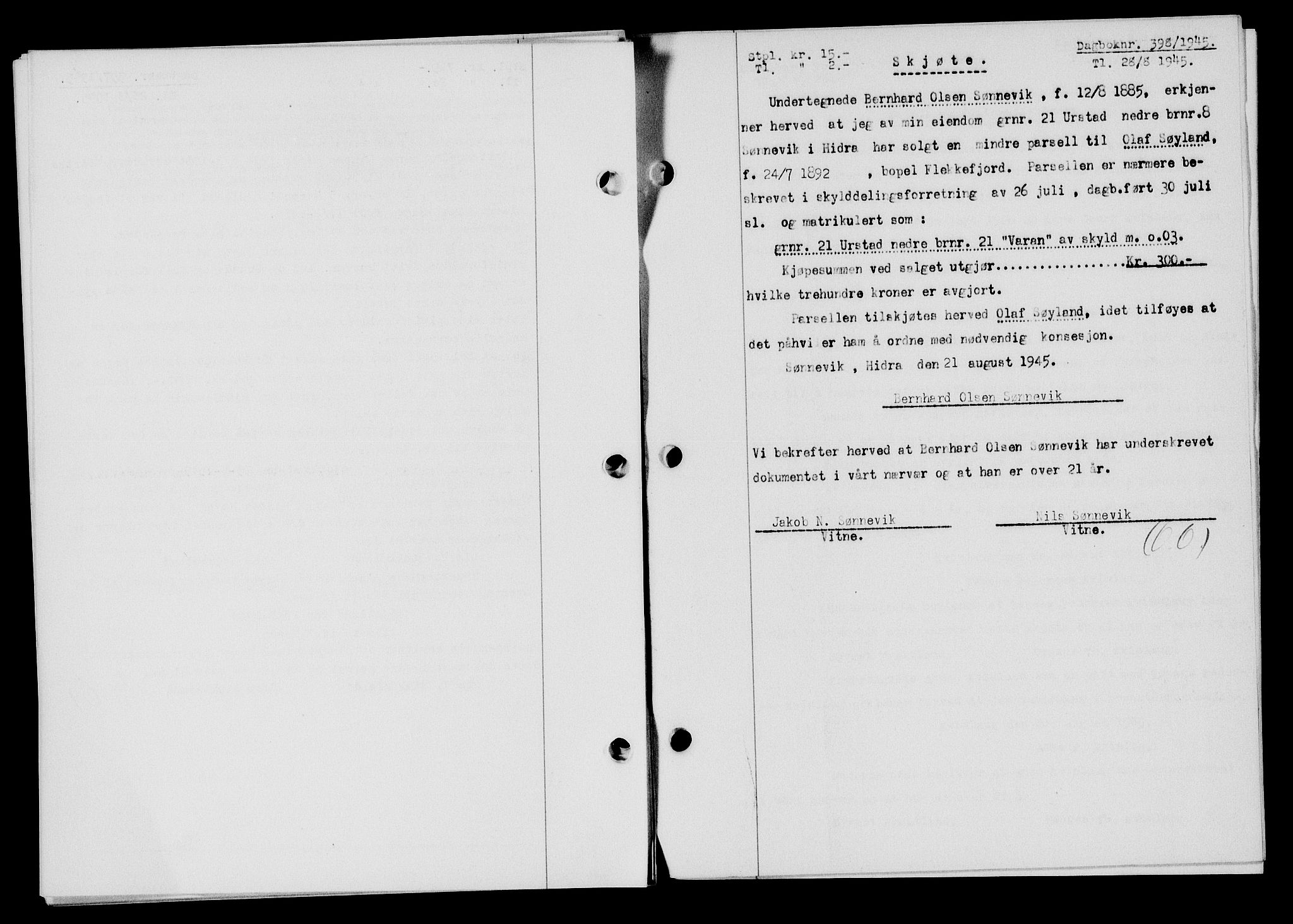 Flekkefjord sorenskriveri, SAK/1221-0001/G/Gb/Gba/L0059: Mortgage book no. A-7, 1944-1945, Diary no: : 398/1945