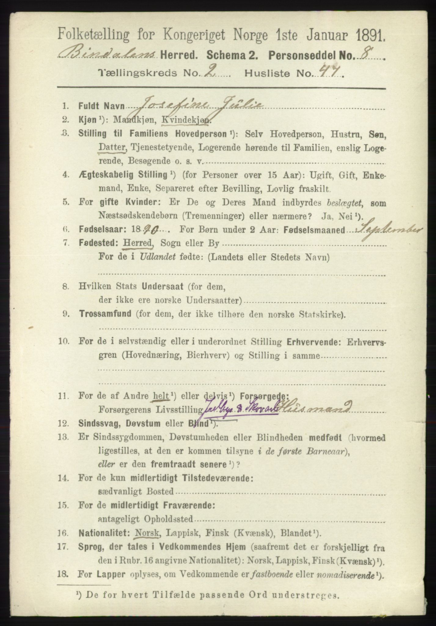 RA, 1891 census for 1811 Bindal, 1891, p. 586