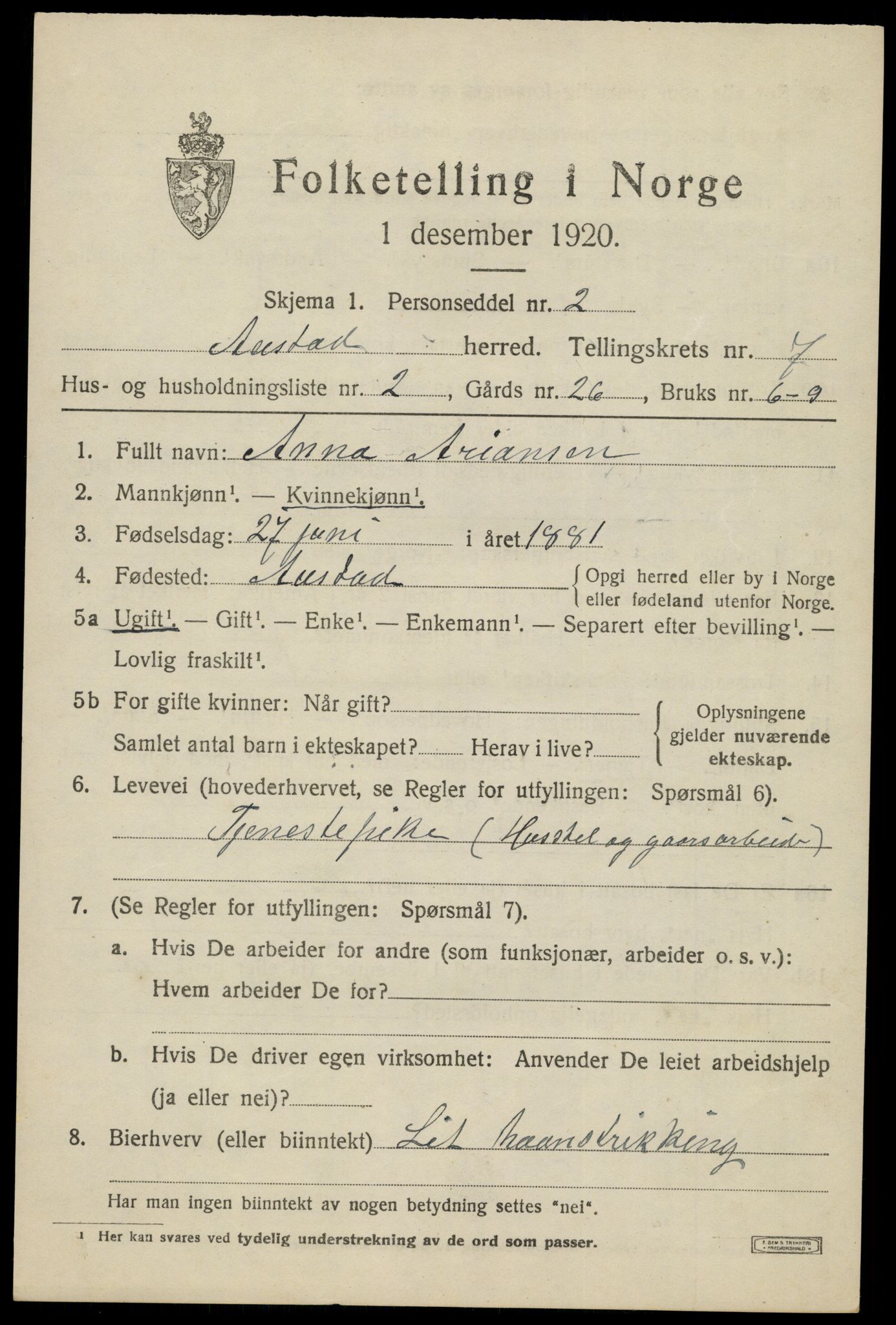 SAK, 1920 census for Austad, 1920, p. 2295