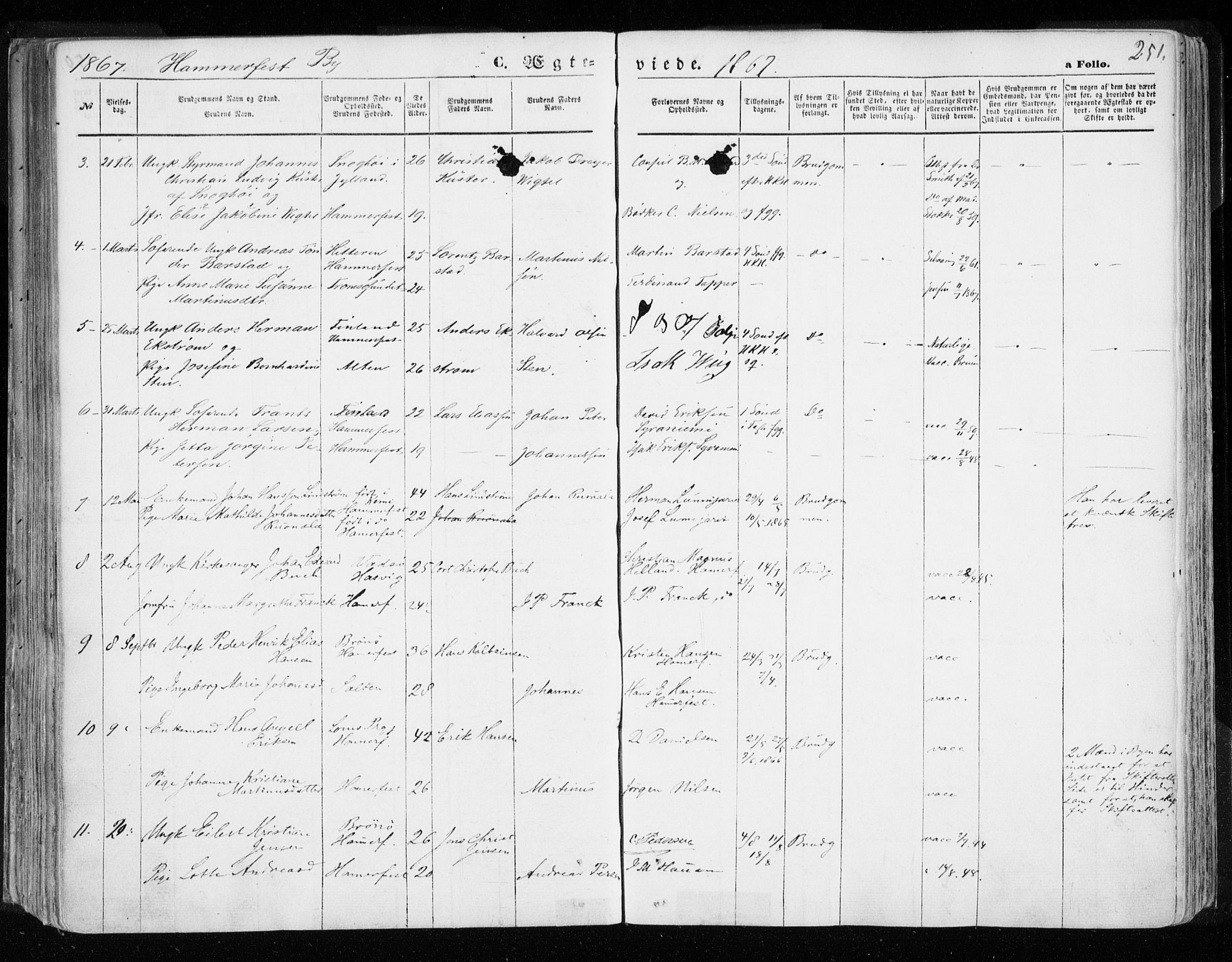 Hammerfest sokneprestkontor, SATØ/S-1347/H/Ha/L0005.kirke: Parish register (official) no. 5, 1857-1869, p. 251