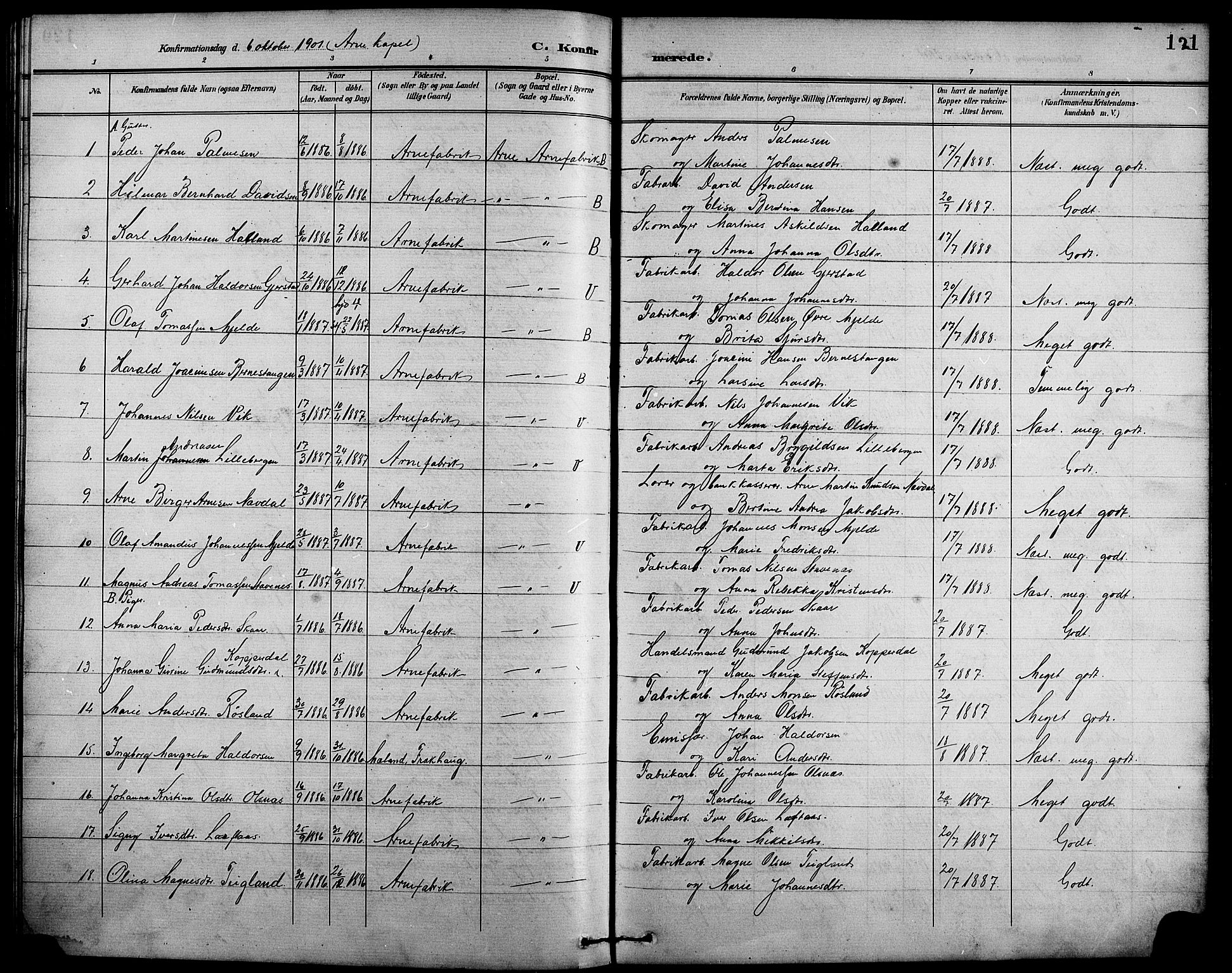 Arna Sokneprestembete, SAB/A-74001/H/Ha/Hab: Parish register (copy) no. A 4, 1898-1910, p. 121
