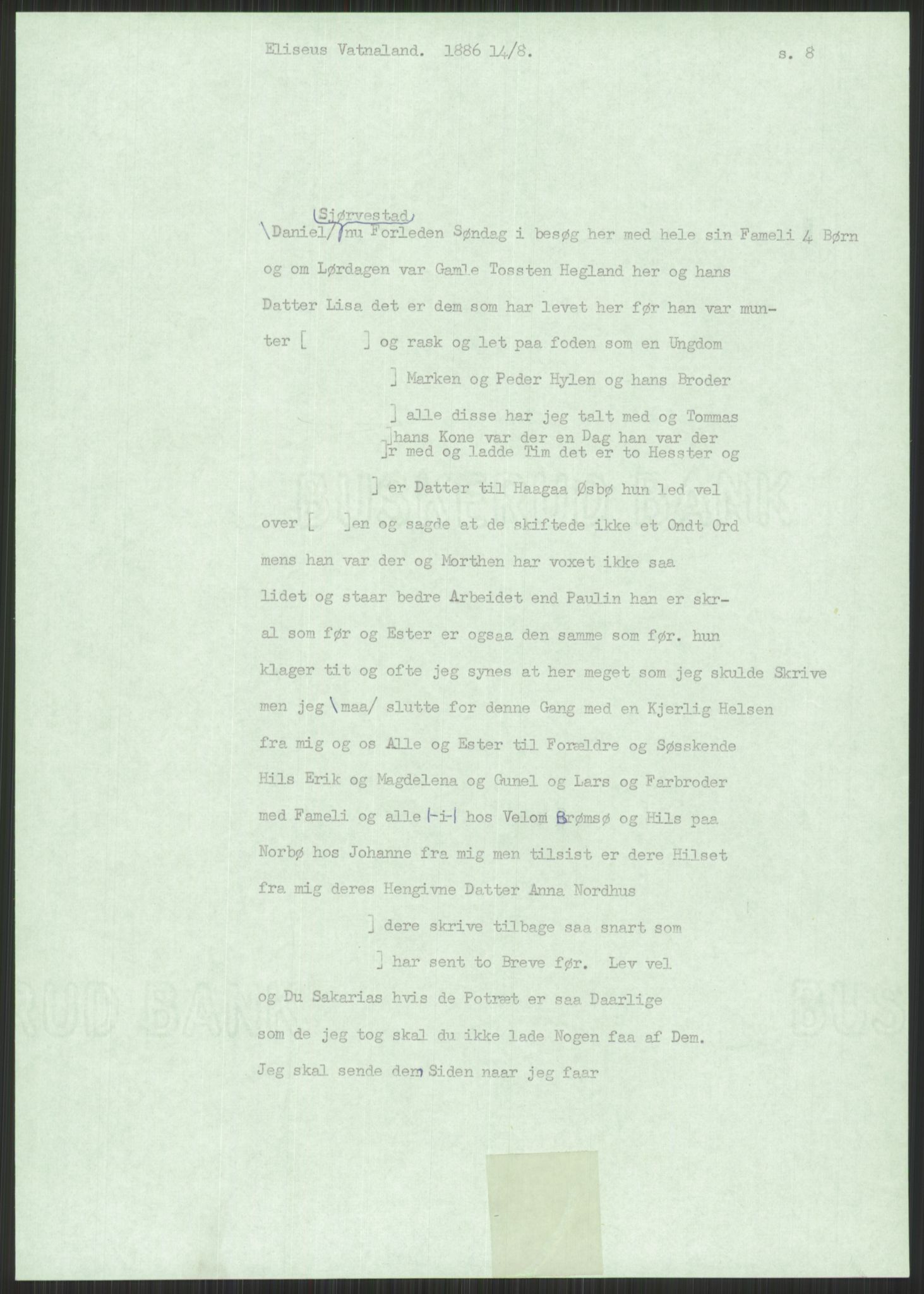 Samlinger til kildeutgivelse, Amerikabrevene, AV/RA-EA-4057/F/L0030: Innlån fra Rogaland: Vatnaland - Øverland, 1838-1914, p. 89