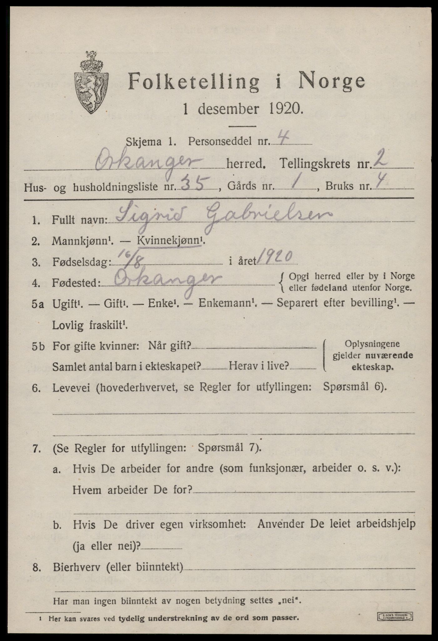 SAT, 1920 census for Orkanger, 1920, p. 1735