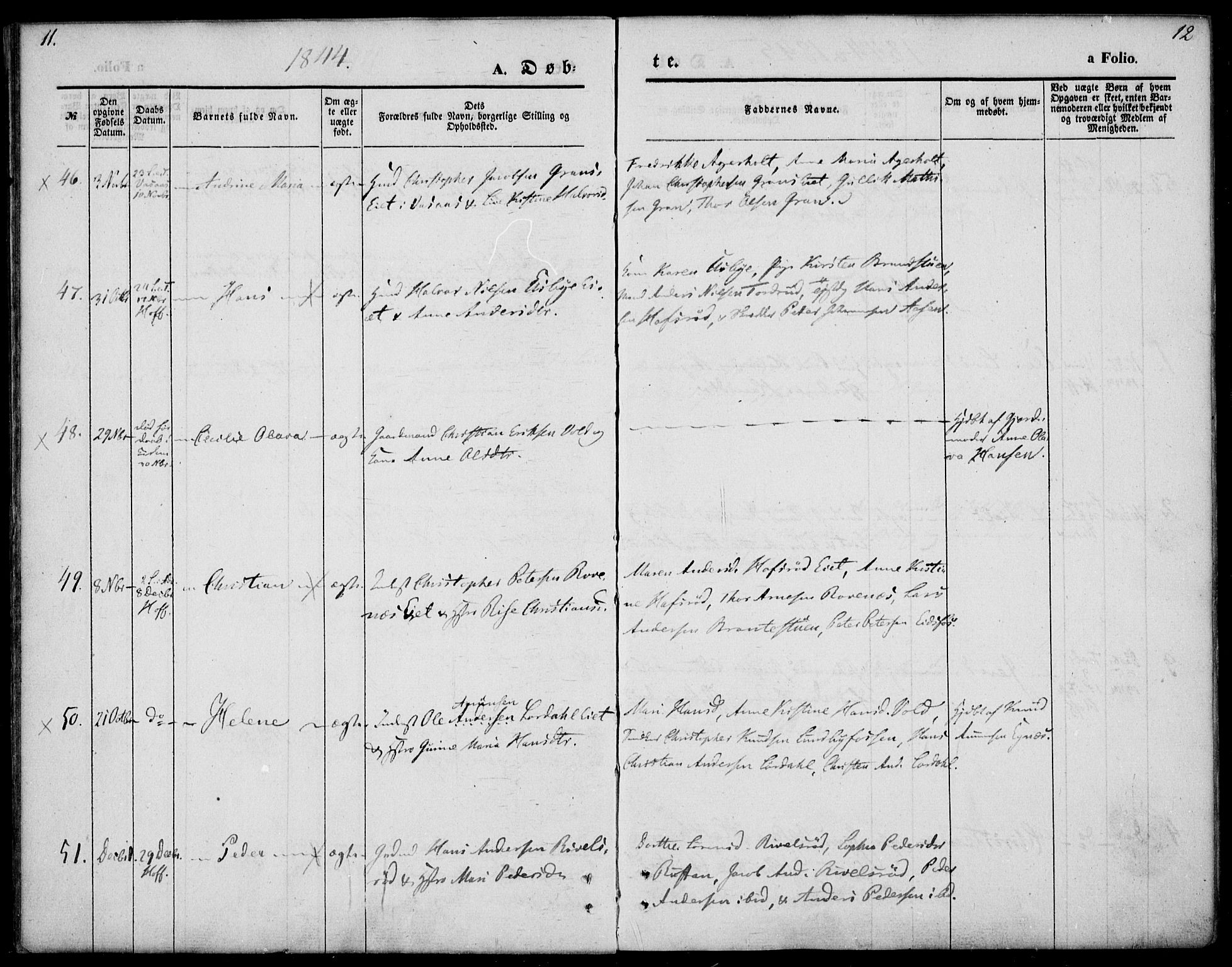 Hof kirkebøker, AV/SAKO-A-64/F/Fa/L0005: Parish register (official) no. I 5, 1844-1851, p. 11-12