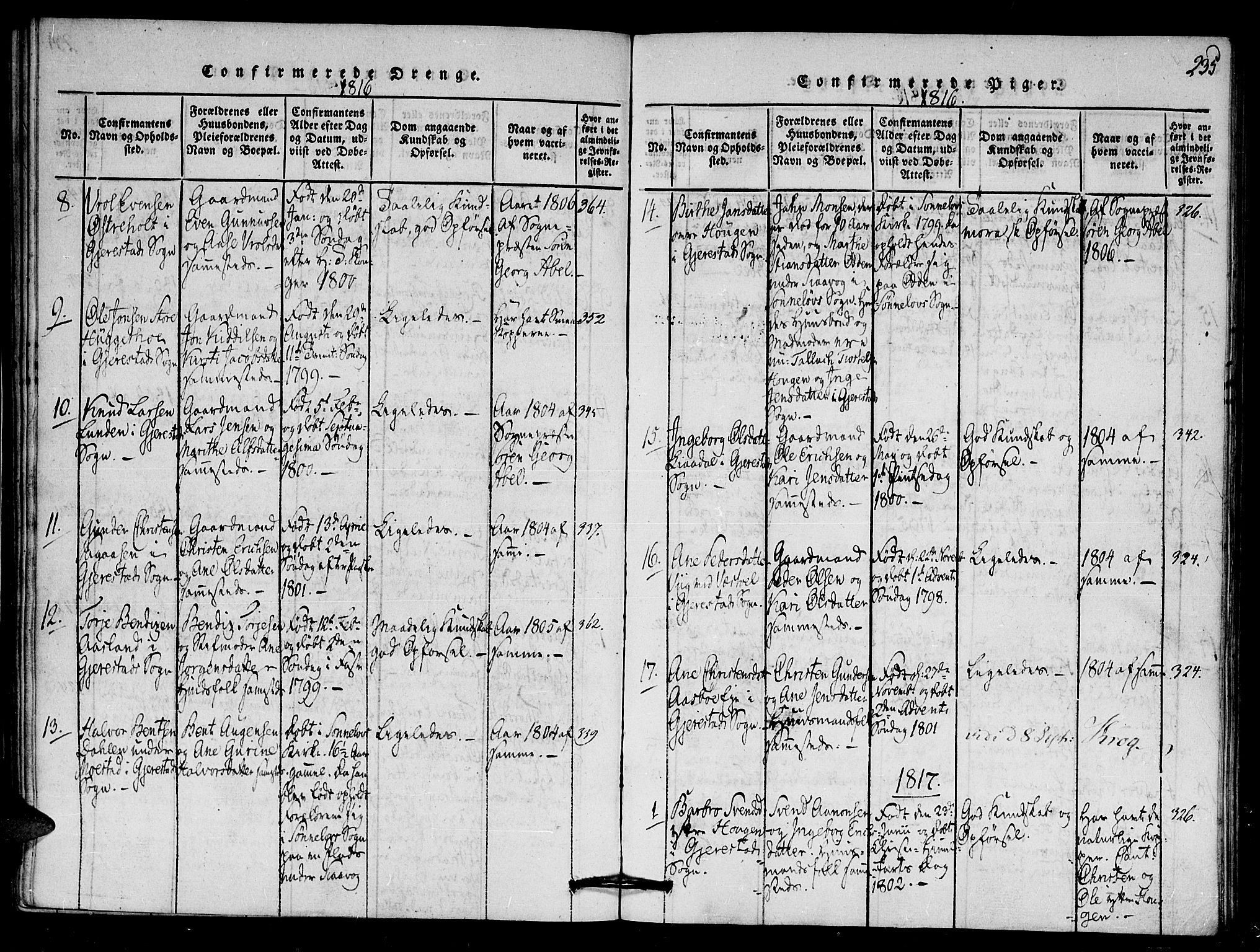 Gjerstad sokneprestkontor, AV/SAK-1111-0014/F/Fa/Faa/L0004: Parish register (official) no. A 4, 1816-1829, p. 235