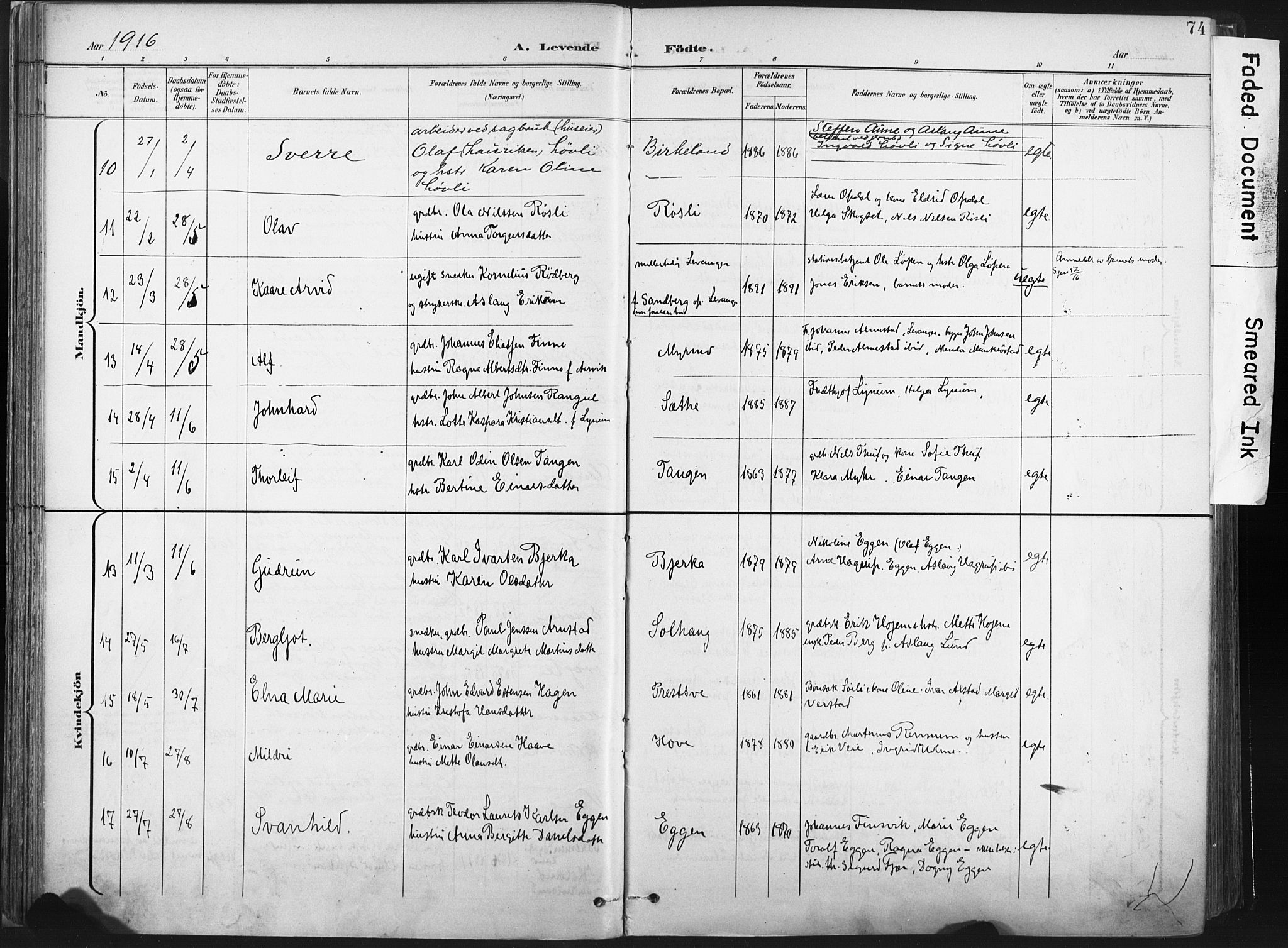 Ministerialprotokoller, klokkerbøker og fødselsregistre - Nord-Trøndelag, AV/SAT-A-1458/717/L0162: Parish register (official) no. 717A12, 1898-1923, p. 74