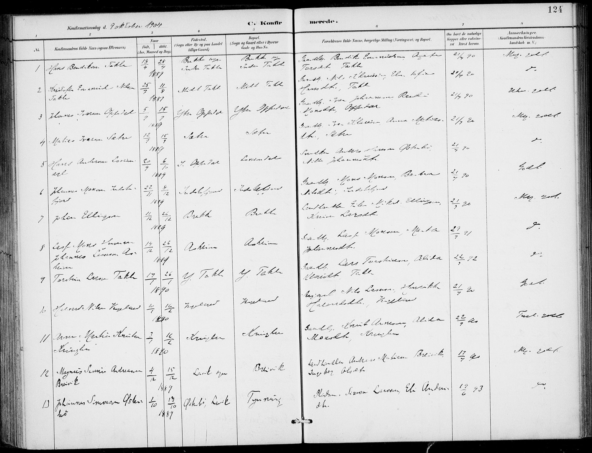 Gulen sokneprestembete, AV/SAB-A-80201/H/Haa/Haac/L0002: Parish register (official) no. C  2, 1882-1914, p. 124