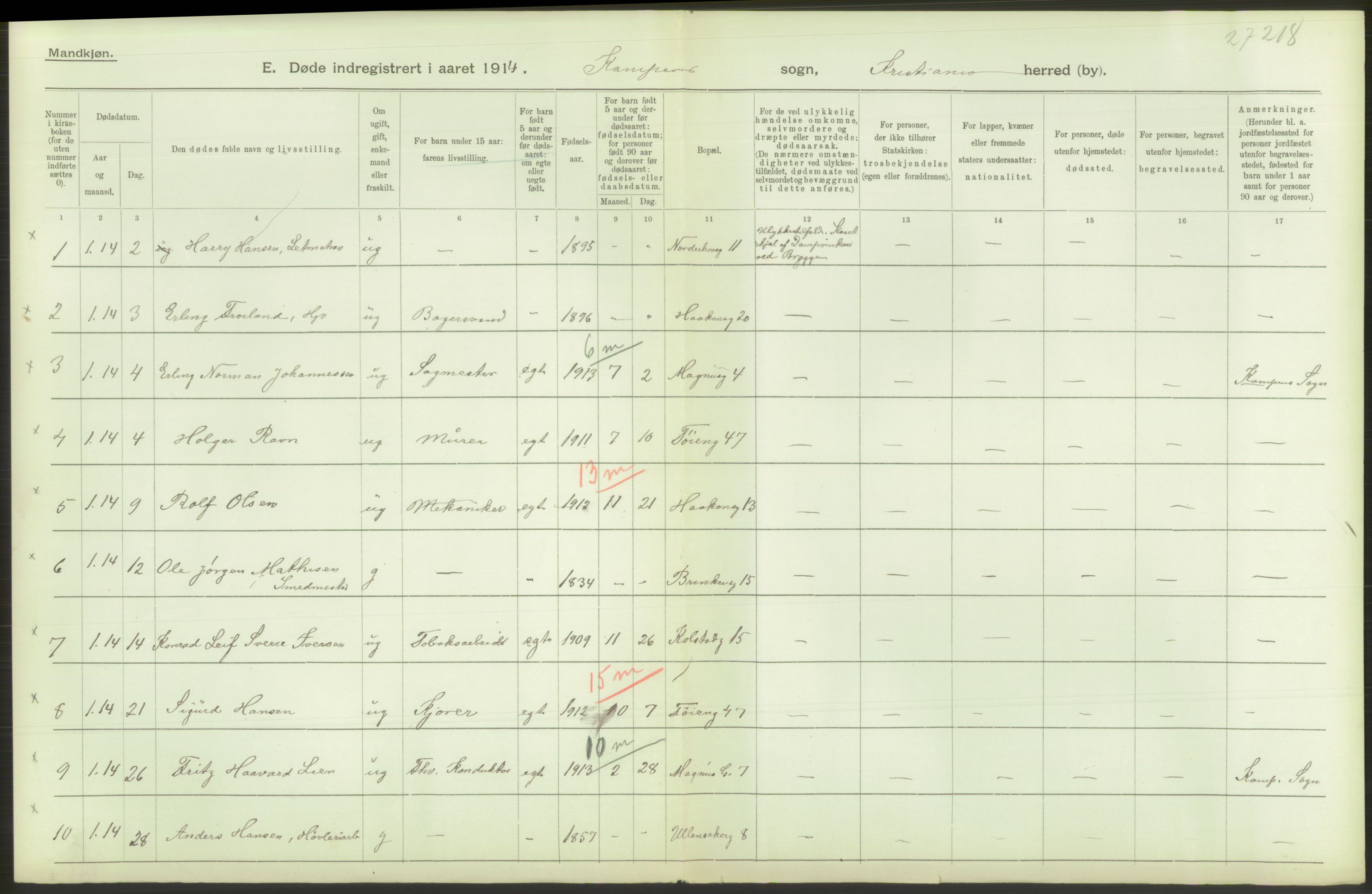 Statistisk sentralbyrå, Sosiodemografiske emner, Befolkning, AV/RA-S-2228/D/Df/Dfb/Dfbd/L0008: Kristiania: Døde, 1914, p. 434