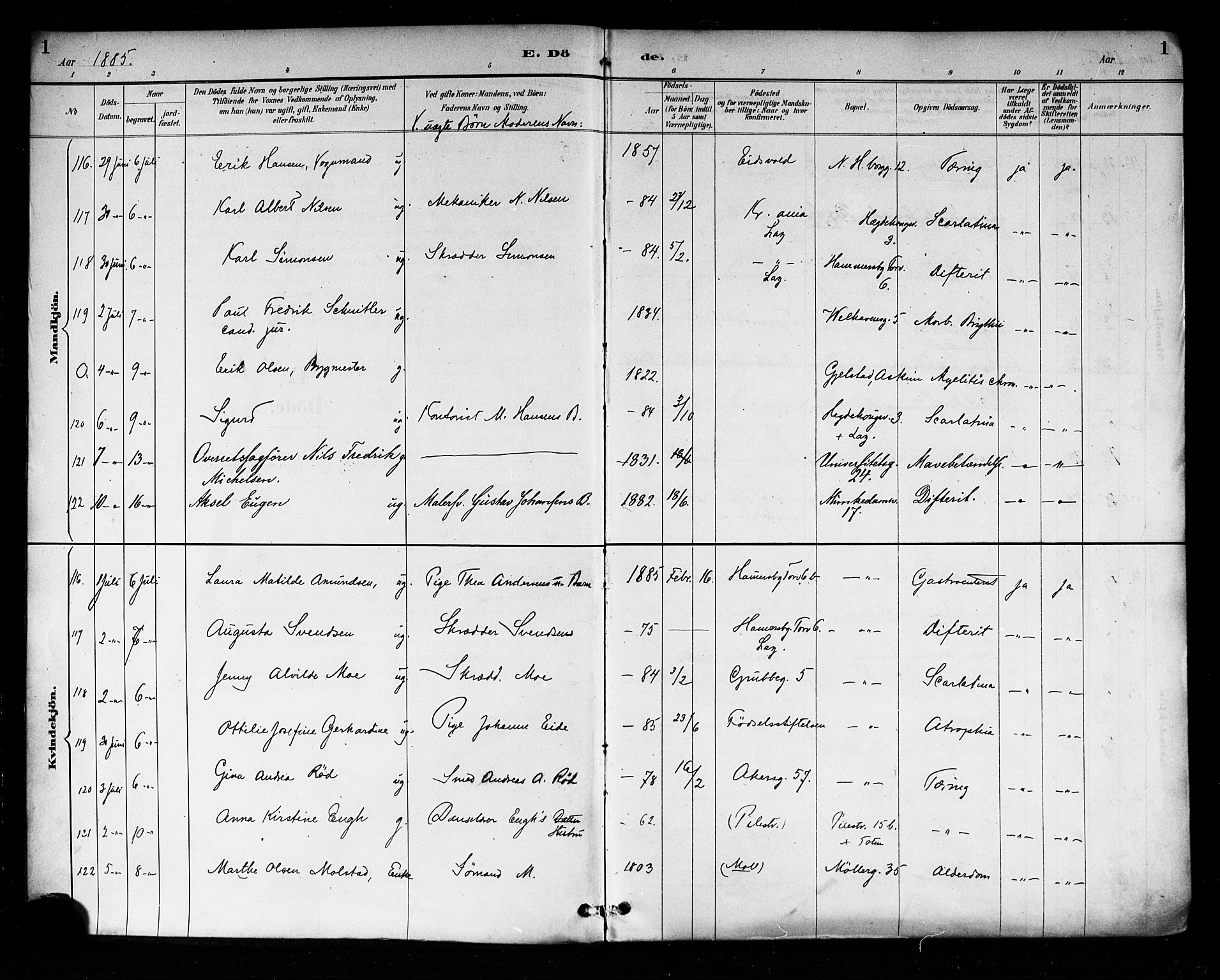 Trefoldighet prestekontor Kirkebøker, AV/SAO-A-10882/F/Fd/L0003: Parish register (official) no. IV 3, 1885-1896, p. 1