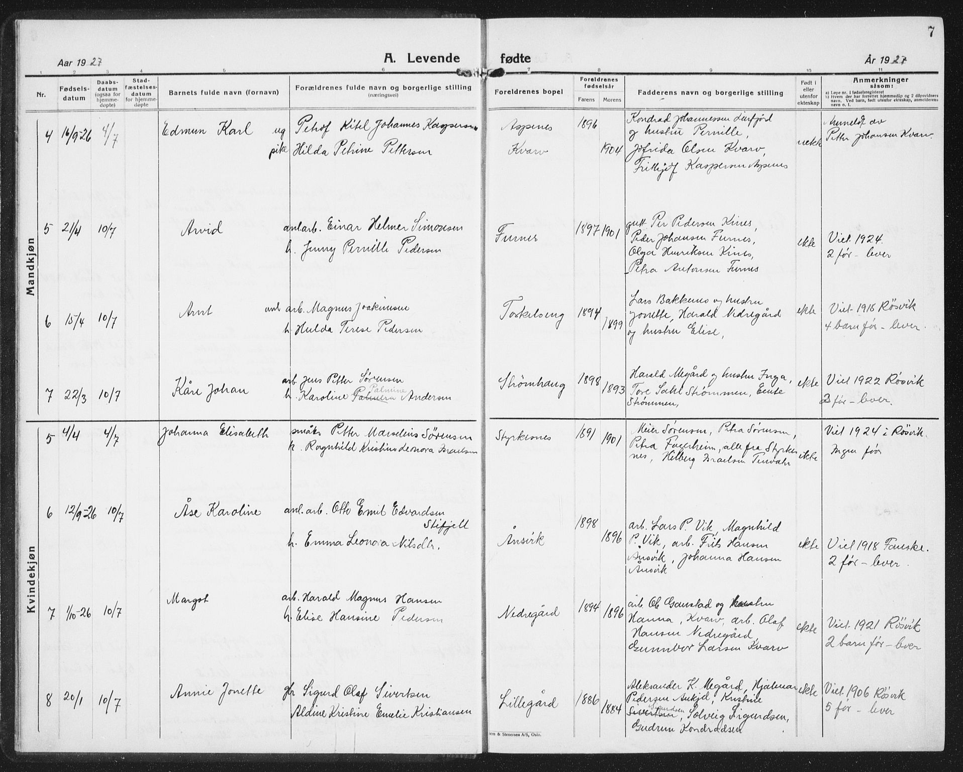 Ministerialprotokoller, klokkerbøker og fødselsregistre - Nordland, AV/SAT-A-1459/854/L0788: Parish register (copy) no. 854C04, 1926-1940, p. 7