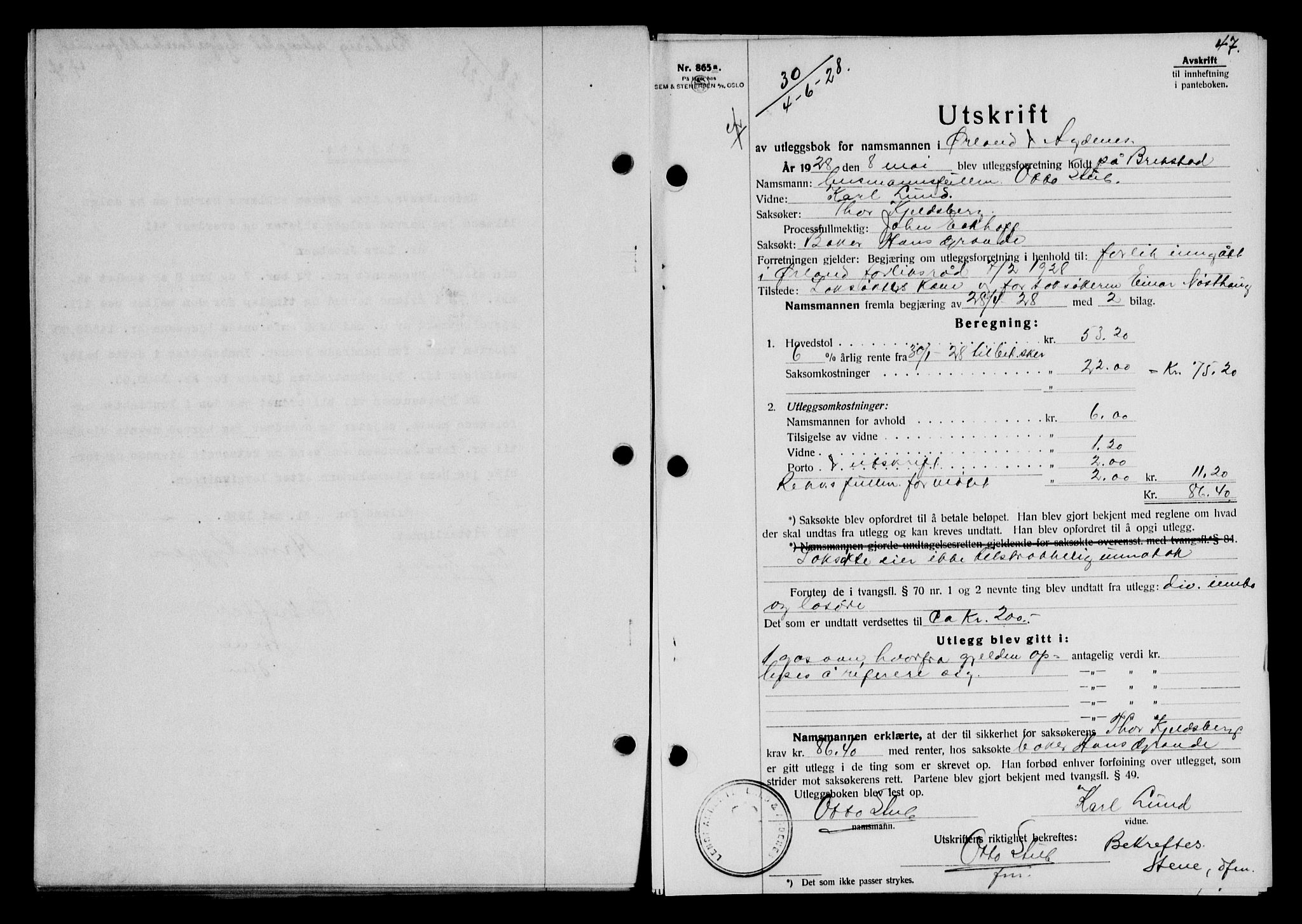 Fosen sorenskriveri, AV/SAT-A-1107/1/2/2C/L0067: Mortgage book no. 58, 1928-1929, p. 47, Deed date: 04.06.1928
