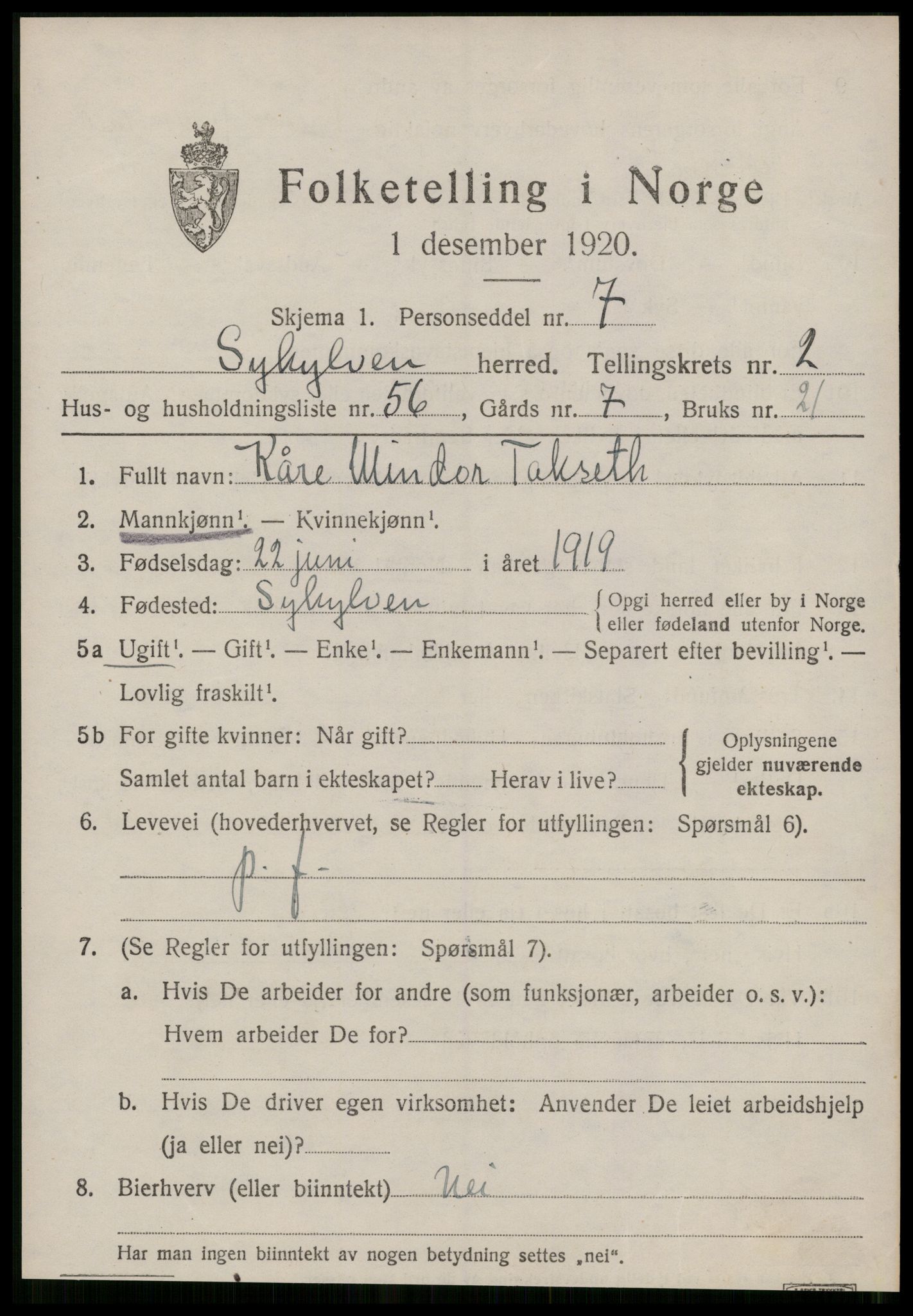 SAT, 1920 census for Sykkylven, 1920, p. 1963