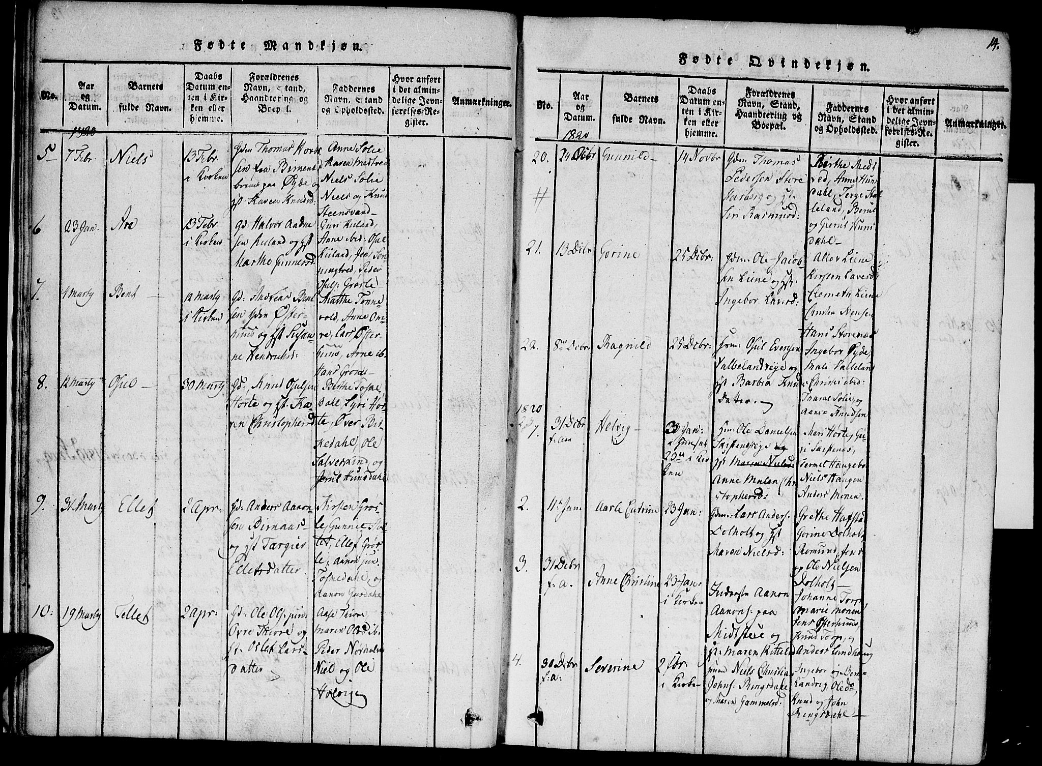 Hommedal sokneprestkontor, AV/SAK-1111-0023/F/Fa/Fab/L0003: Parish register (official) no. A 3, 1815-1848, p. 14