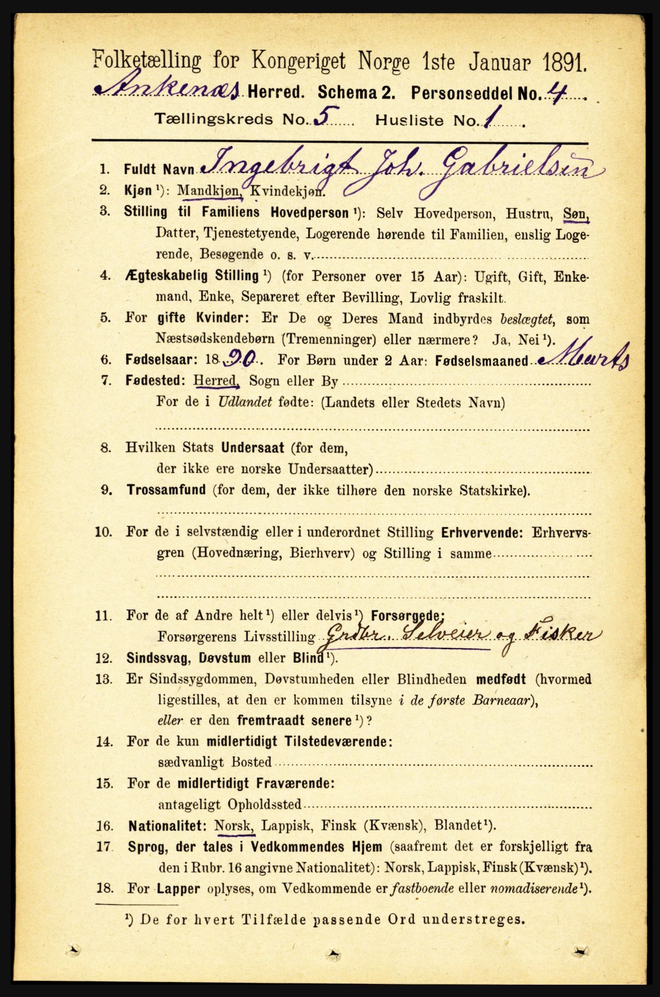 RA, 1891 census for 1855 Ankenes, 1891, p. 2747