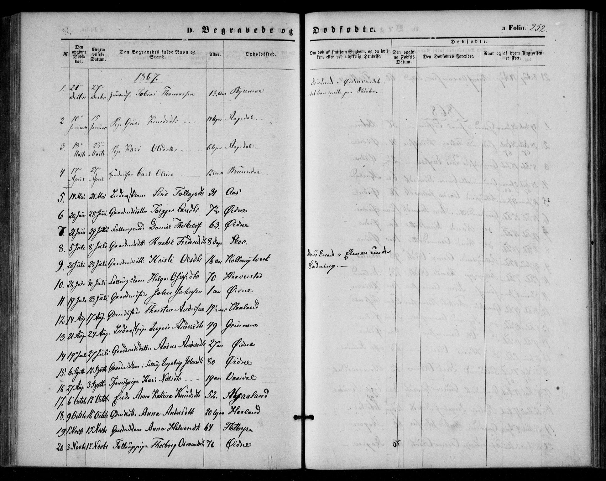 Bjelland sokneprestkontor, SAK/1111-0005/F/Fa/Fac/L0002: Parish register (official) no. A 2, 1866-1887, p. 252