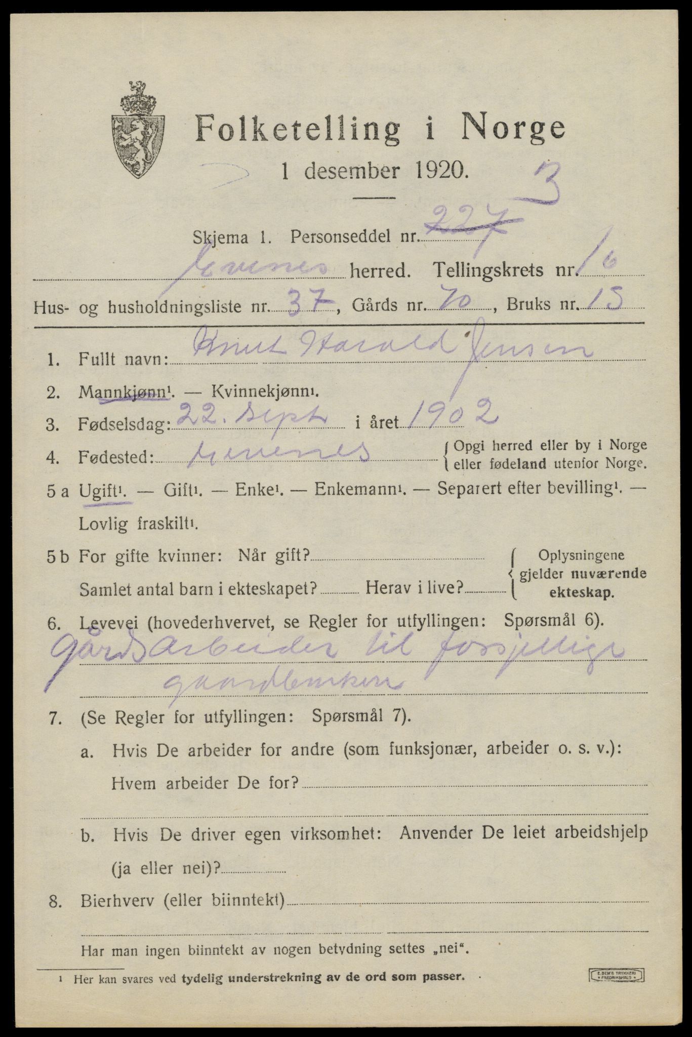 SAT, 1920 census for Evenes, 1920, p. 13638