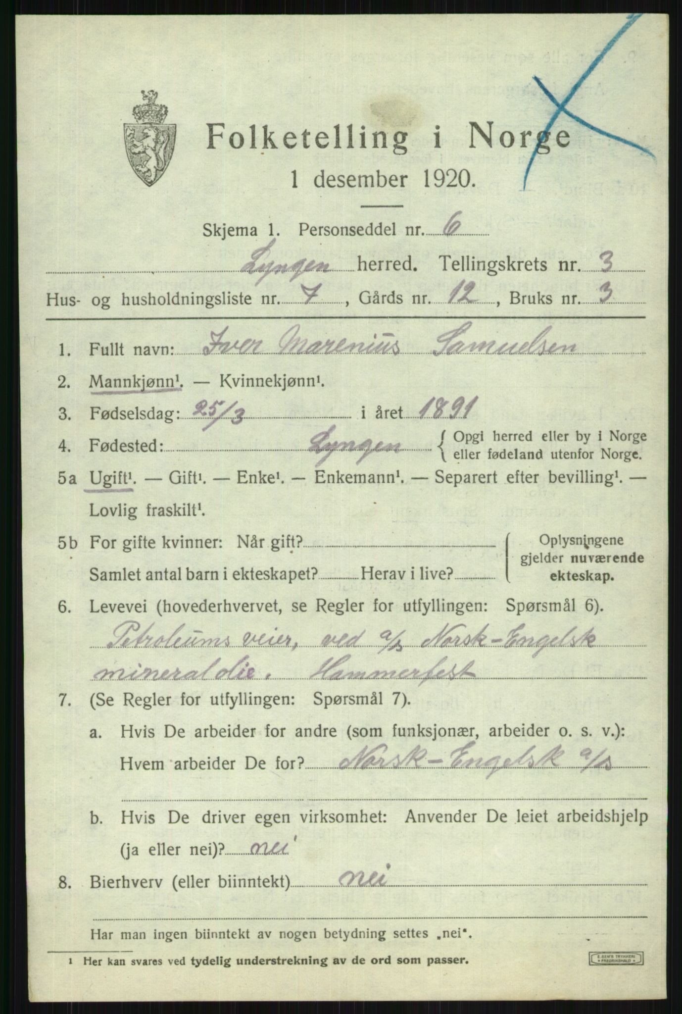 SATØ, 1920 census for Lyngen, 1920, p. 3557