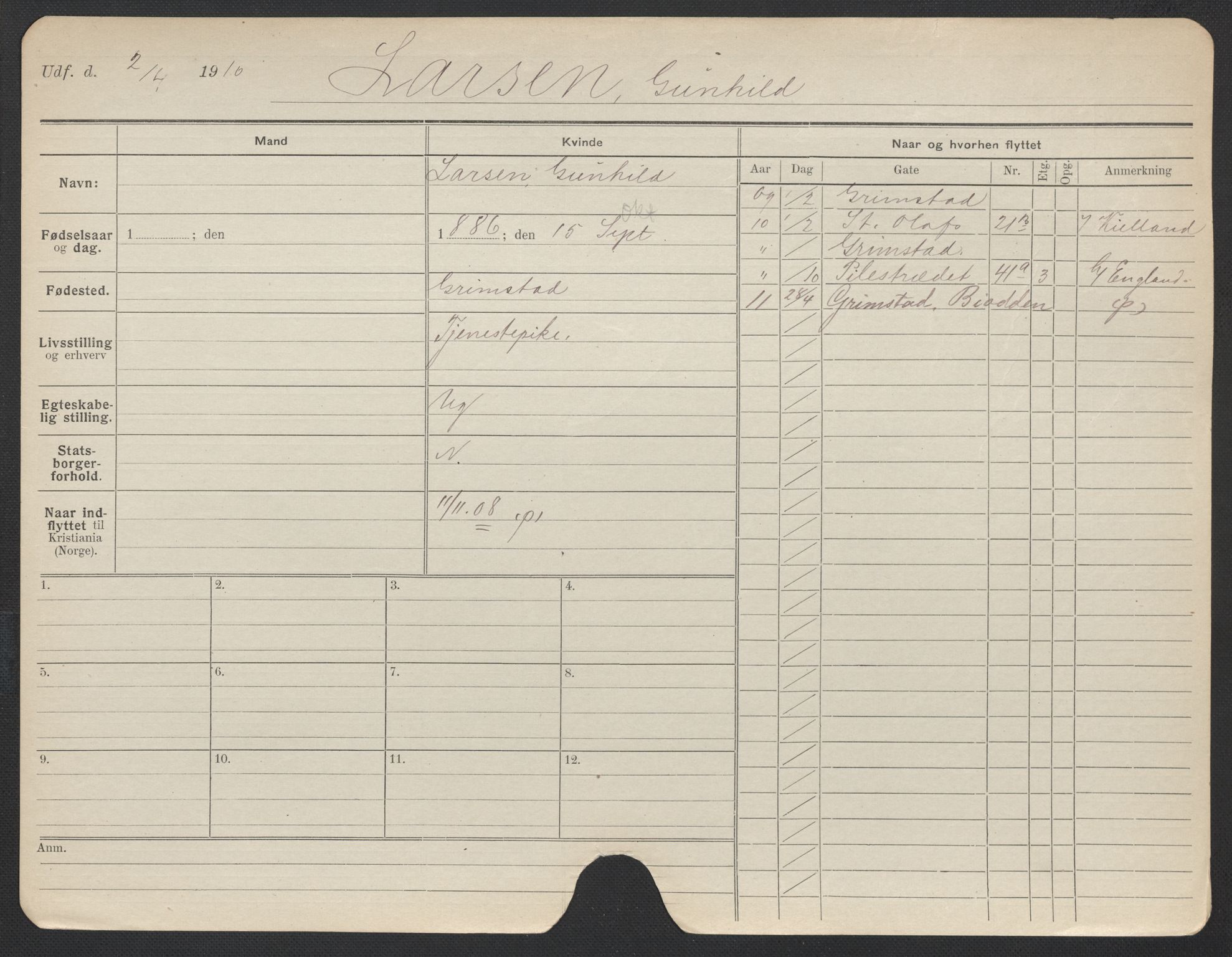 Oslo folkeregister, Registerkort, AV/SAO-A-11715/F/Fa/Fac/L0019: Kvinner, 1906-1914, p. 897a