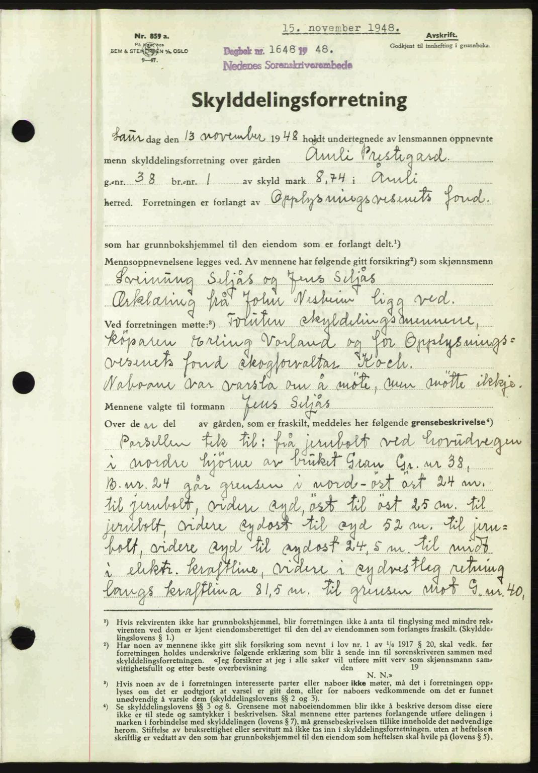 Nedenes sorenskriveri, AV/SAK-1221-0006/G/Gb/Gba/L0060: Mortgage book no. A12, 1948-1949, Diary no: : 1648/1948