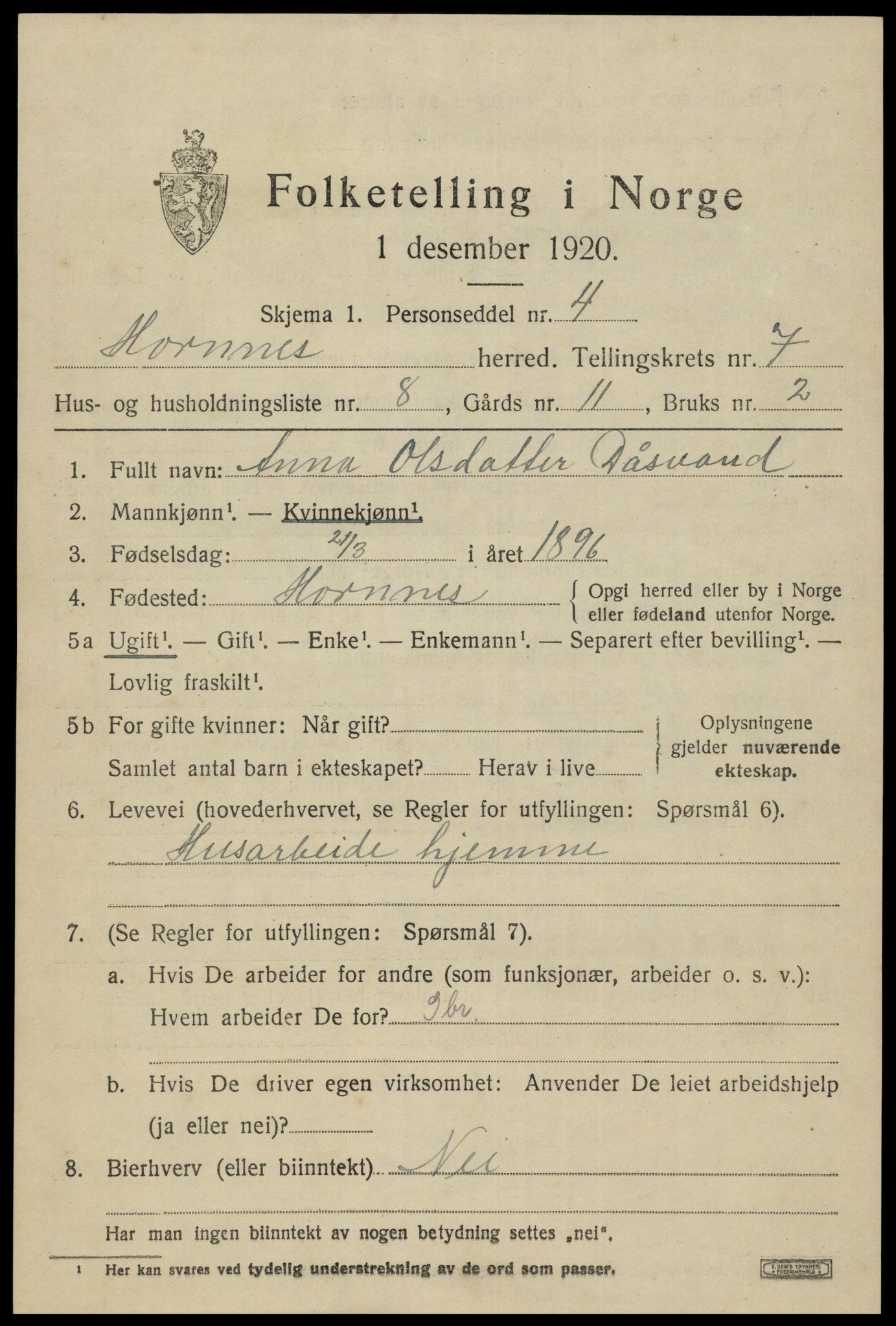 SAK, 1920 census for Hornnes, 1920, p. 1743
