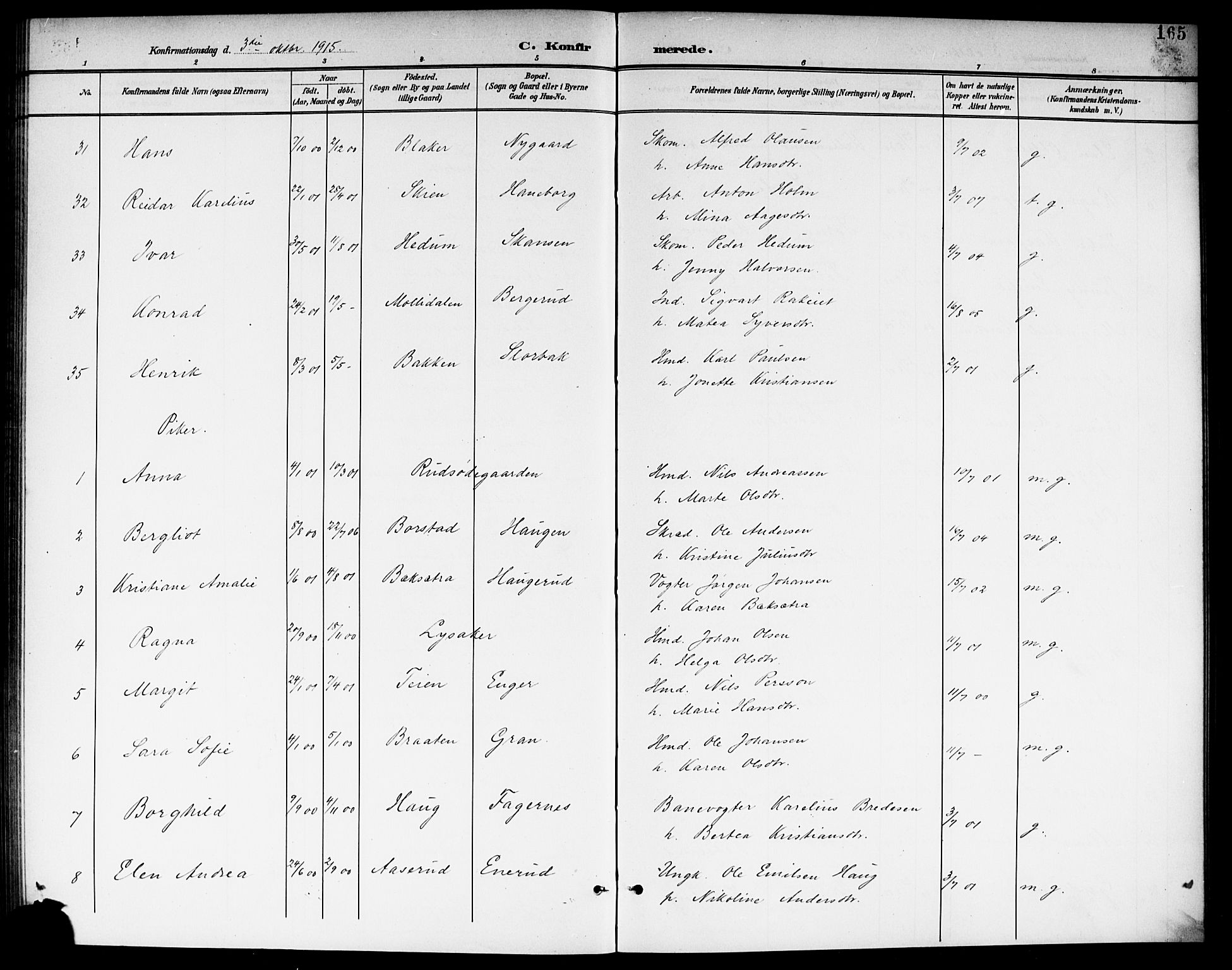 Aurskog prestekontor Kirkebøker, AV/SAO-A-10304a/G/Ga/L0004: Parish register (copy) no. I 4, 1901-1921, p. 165