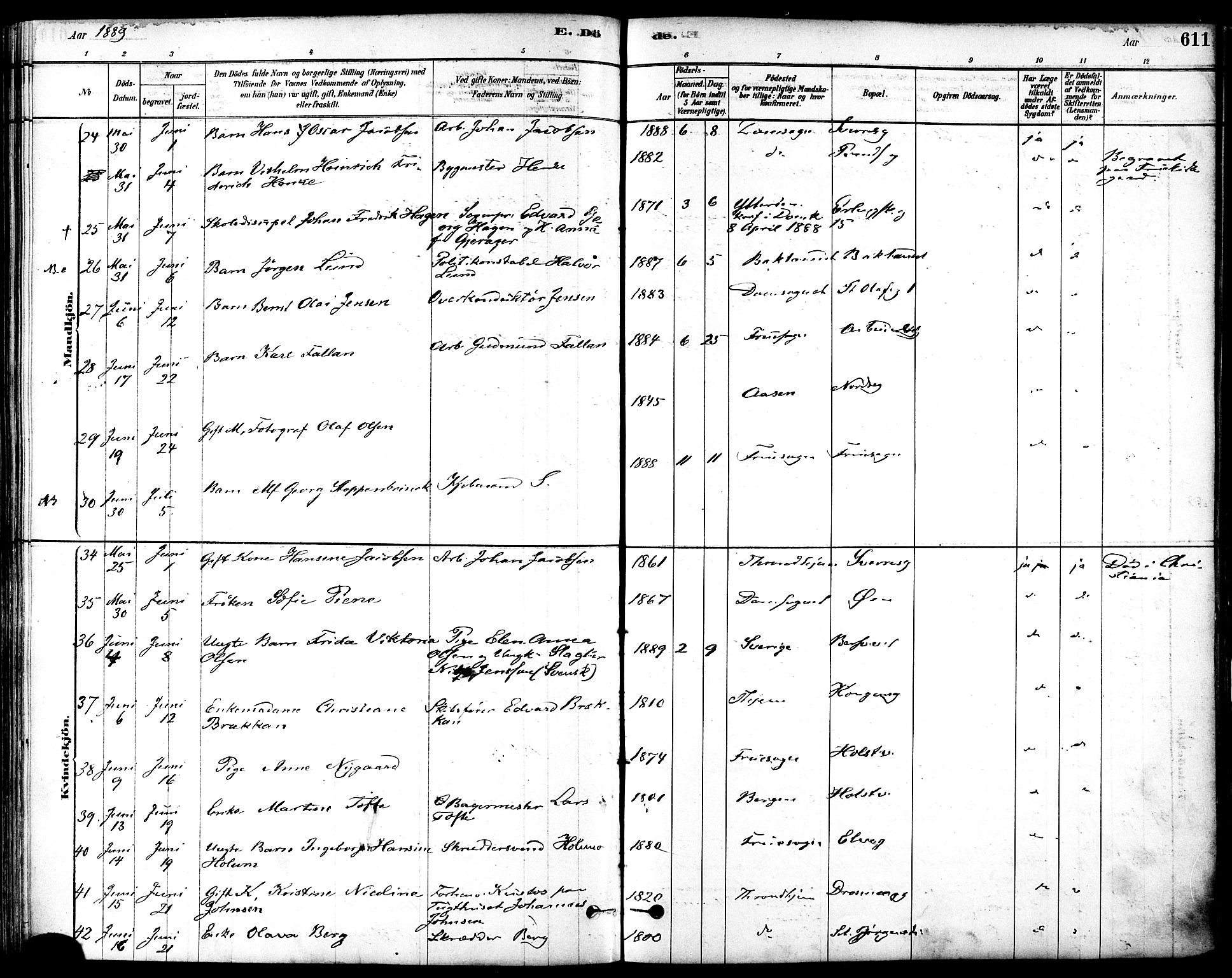 Ministerialprotokoller, klokkerbøker og fødselsregistre - Sør-Trøndelag, AV/SAT-A-1456/601/L0058: Parish register (official) no. 601A26, 1877-1891, p. 611