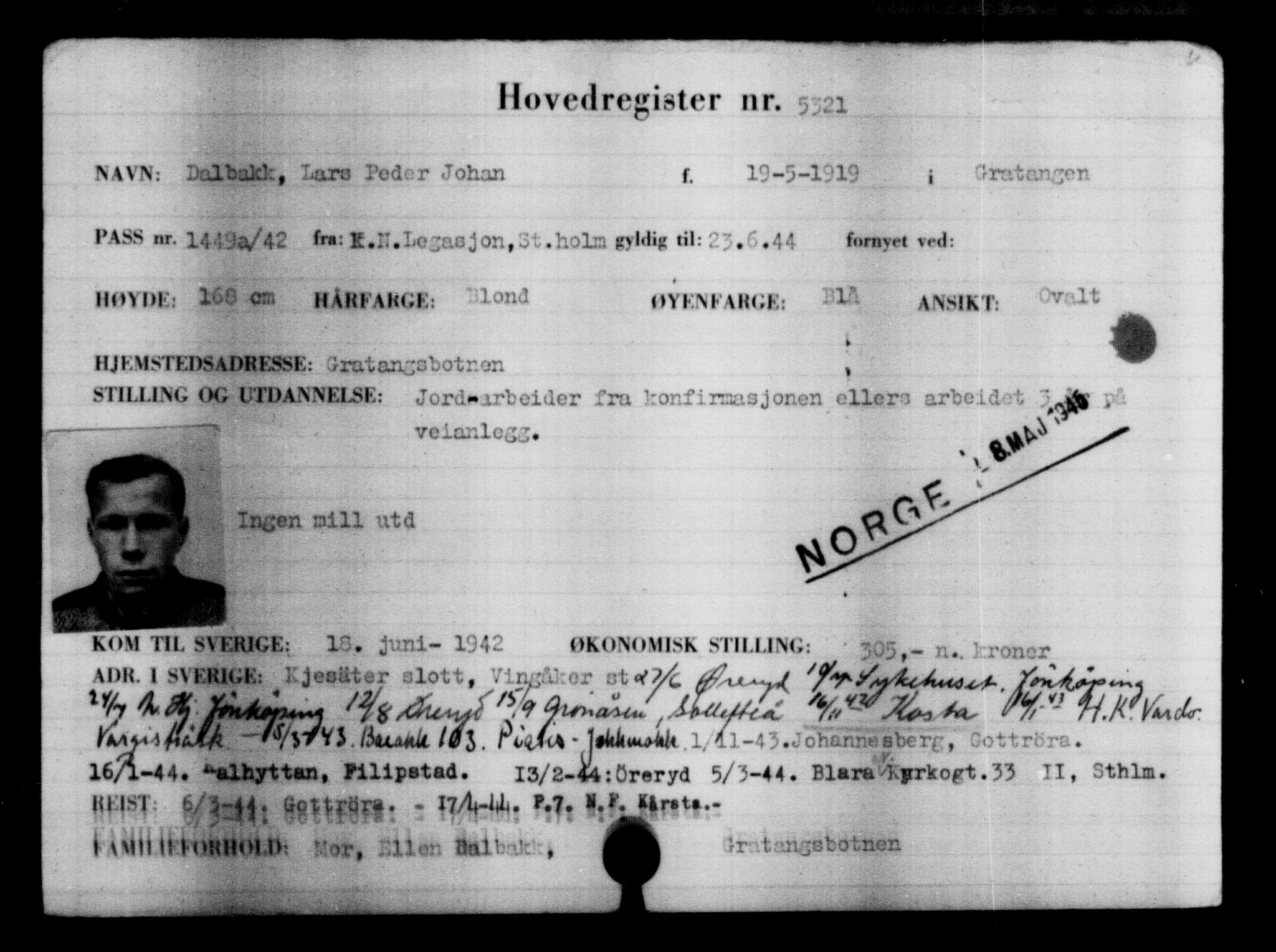 Utenriksstasjonene, Legasjonen i Stockholm, Flyktningkontoret, AV/RA-S-6753/V/Va/L0004: Kjesäterkartoteket, flyktninger med registreringsnr. 3496-6610, 1940-1945, p. 2105