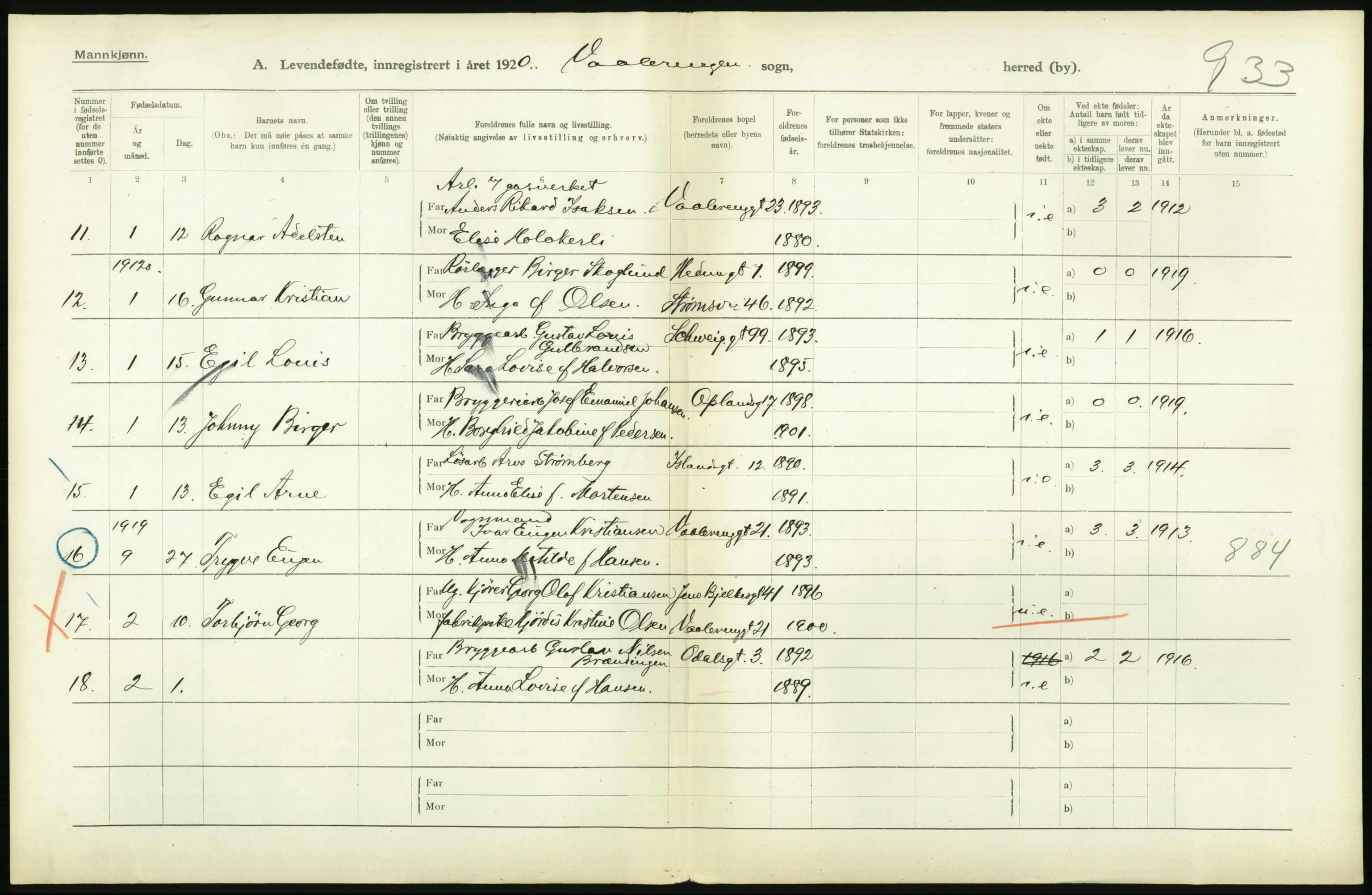 Statistisk sentralbyrå, Sosiodemografiske emner, Befolkning, AV/RA-S-2228/D/Df/Dfb/Dfbj/L0008: Kristiania: Levendefødte menn og kvinner., 1920, p. 84