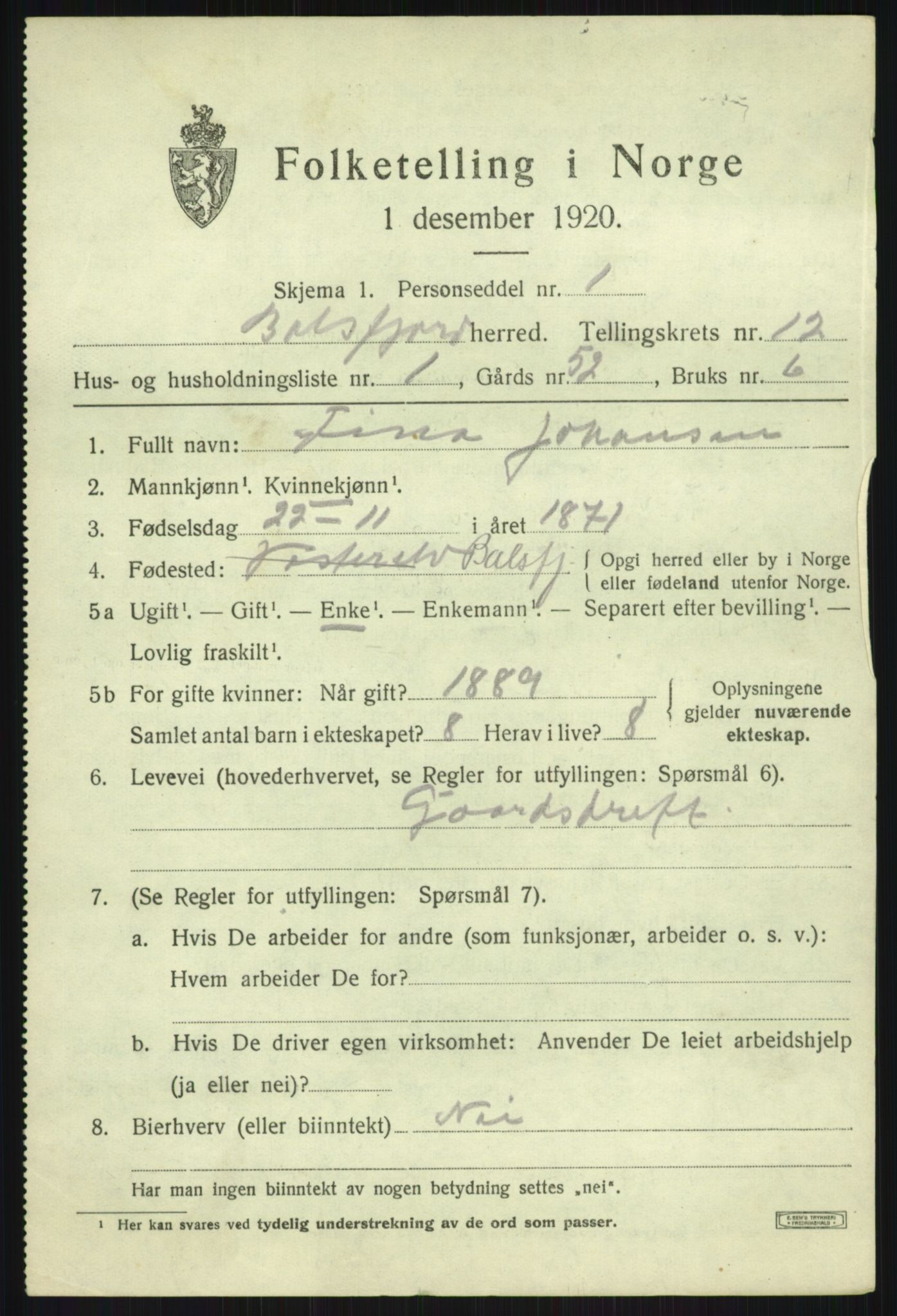 SATØ, 1920 census for Balsfjord, 1920, p. 7209