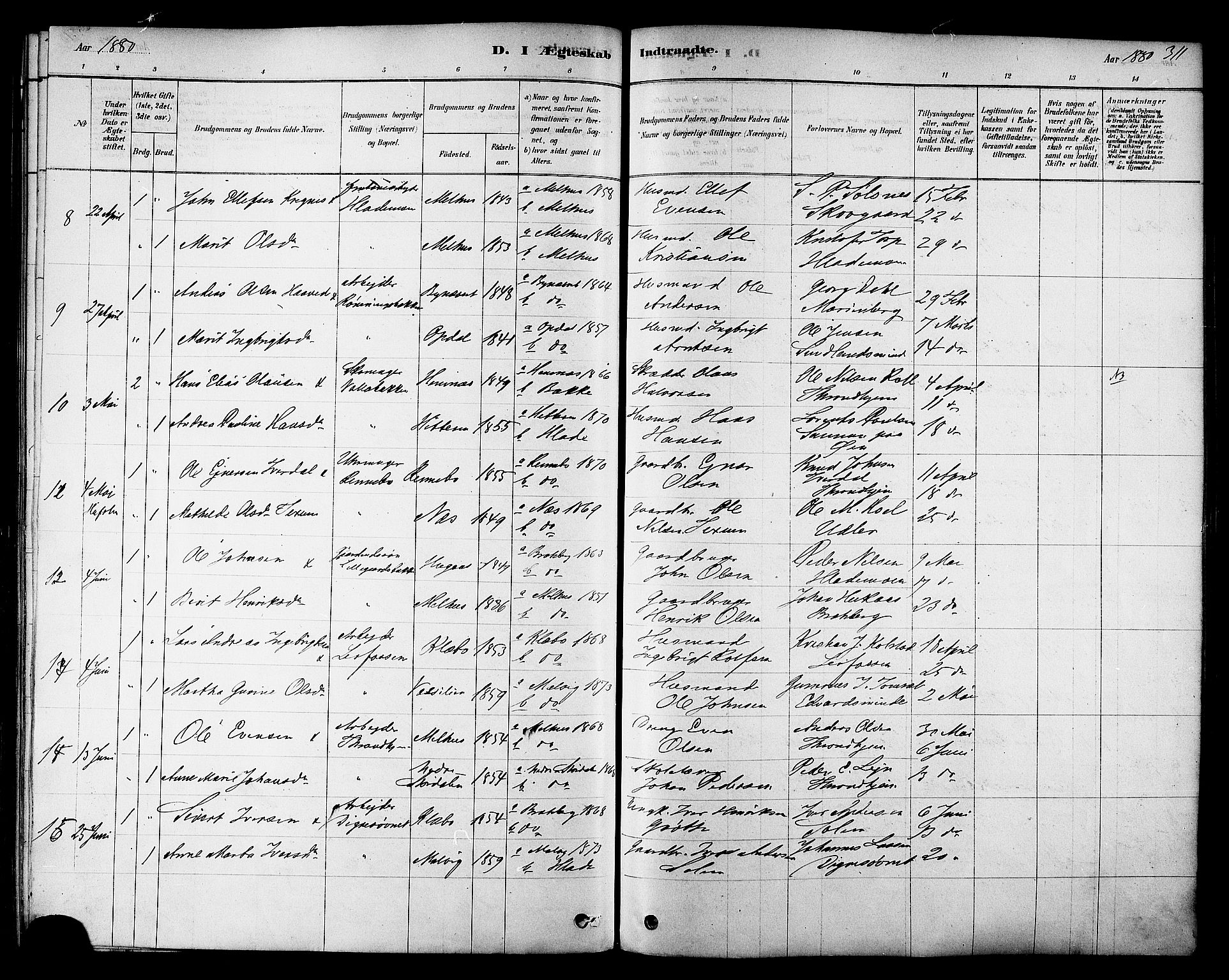 Ministerialprotokoller, klokkerbøker og fødselsregistre - Sør-Trøndelag, AV/SAT-A-1456/606/L0294: Parish register (official) no. 606A09, 1878-1886, p. 311