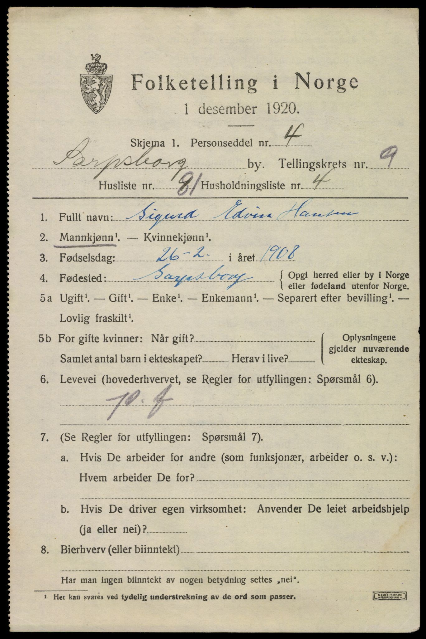 SAO, 1920 census for Sarpsborg, 1920, p. 20734