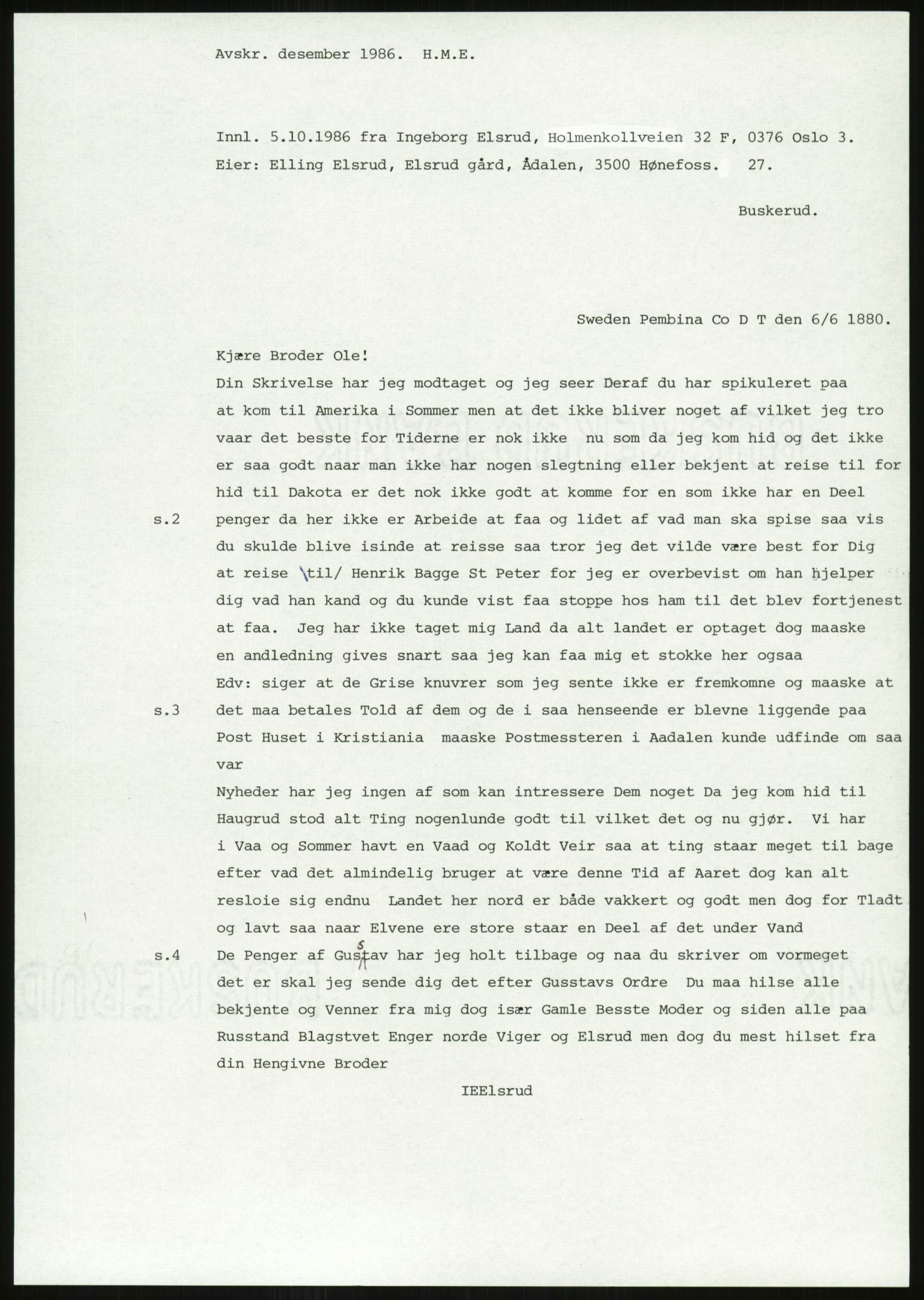 Samlinger til kildeutgivelse, Amerikabrevene, AV/RA-EA-4057/F/L0018: Innlån fra Buskerud: Elsrud, 1838-1914, p. 601