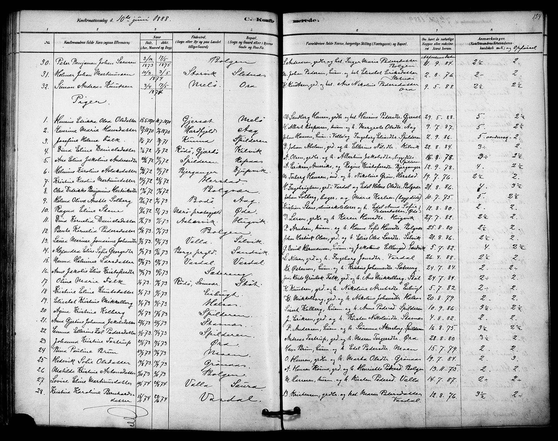 Ministerialprotokoller, klokkerbøker og fødselsregistre - Nordland, AV/SAT-A-1459/843/L0626: Parish register (official) no. 843A01, 1878-1907, p. 154