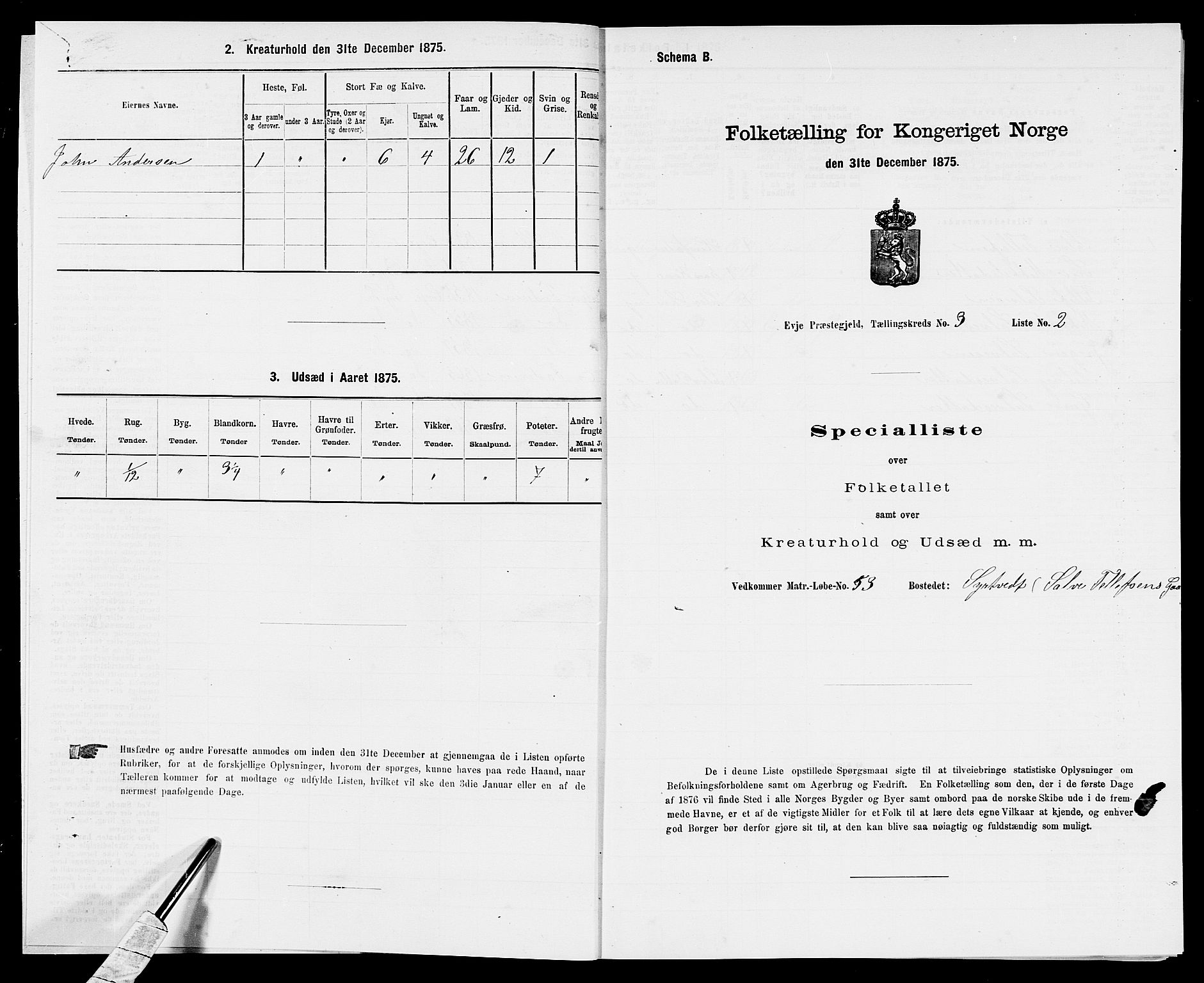 SAK, 1875 census for 0934P Evje, 1875, p. 189