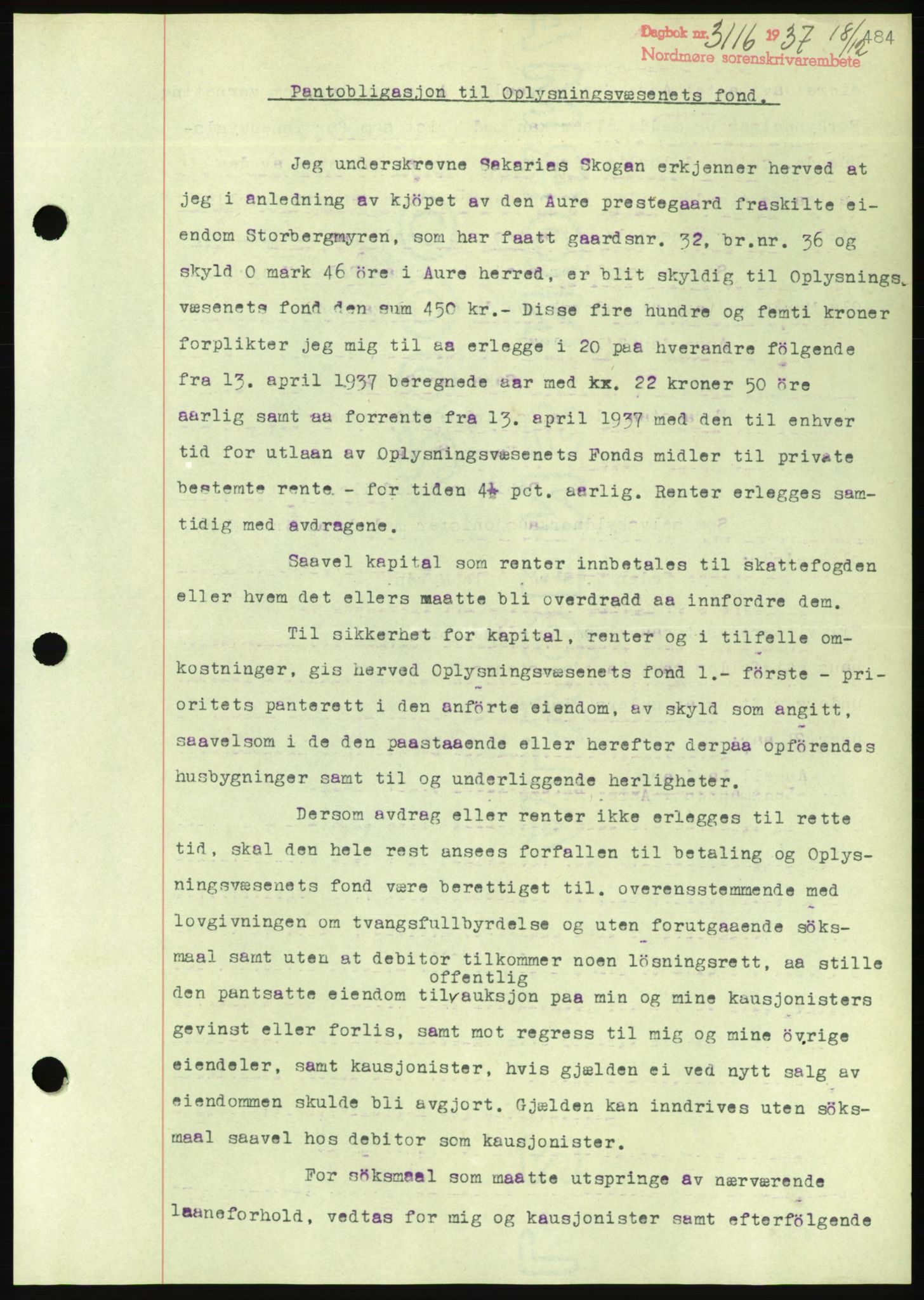 Nordmøre sorenskriveri, AV/SAT-A-4132/1/2/2Ca/L0092: Mortgage book no. B82, 1937-1938, Diary no: : 3116/1937