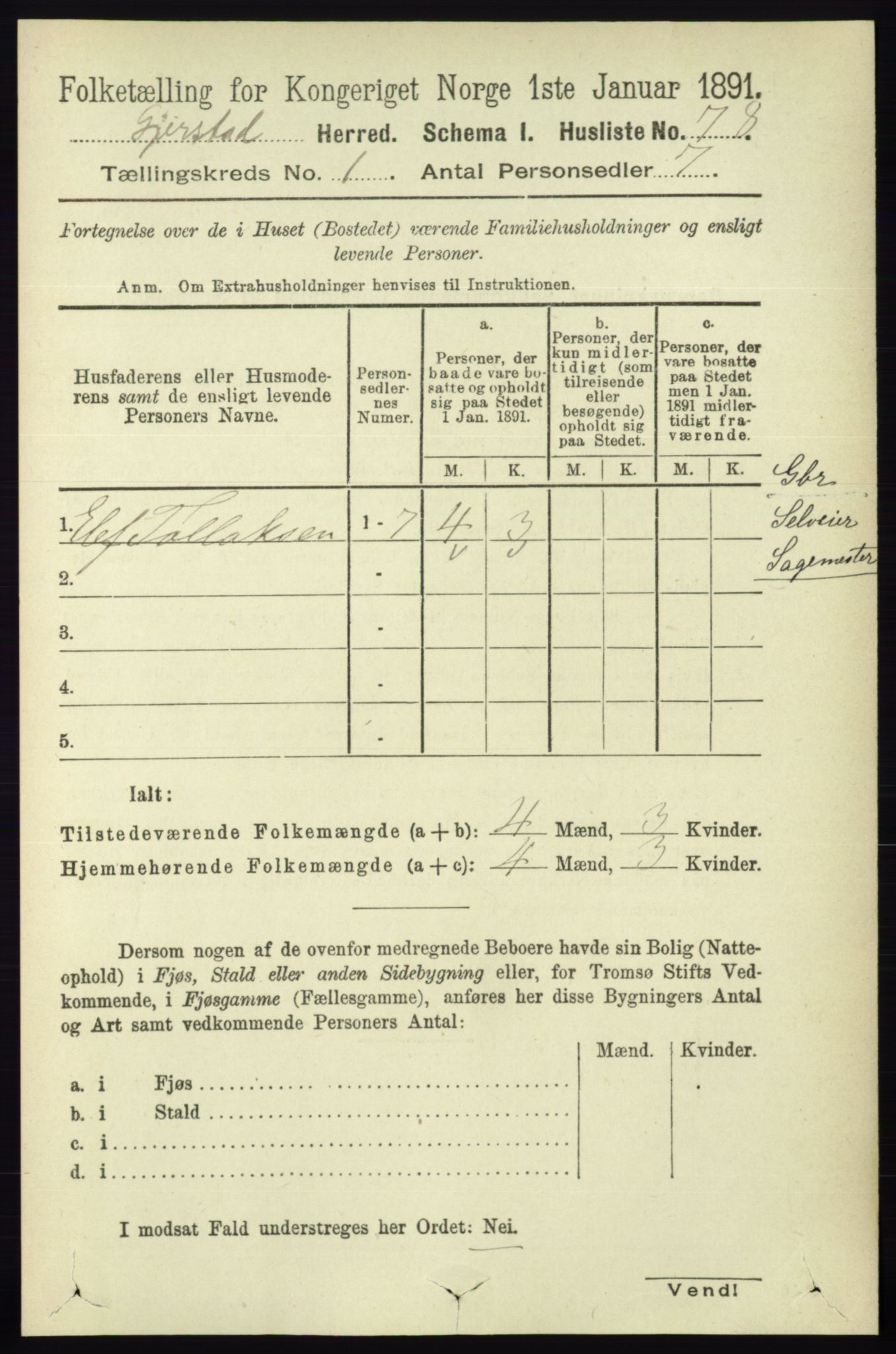 RA, 1891 census for 0911 Gjerstad, 1891, p. 99