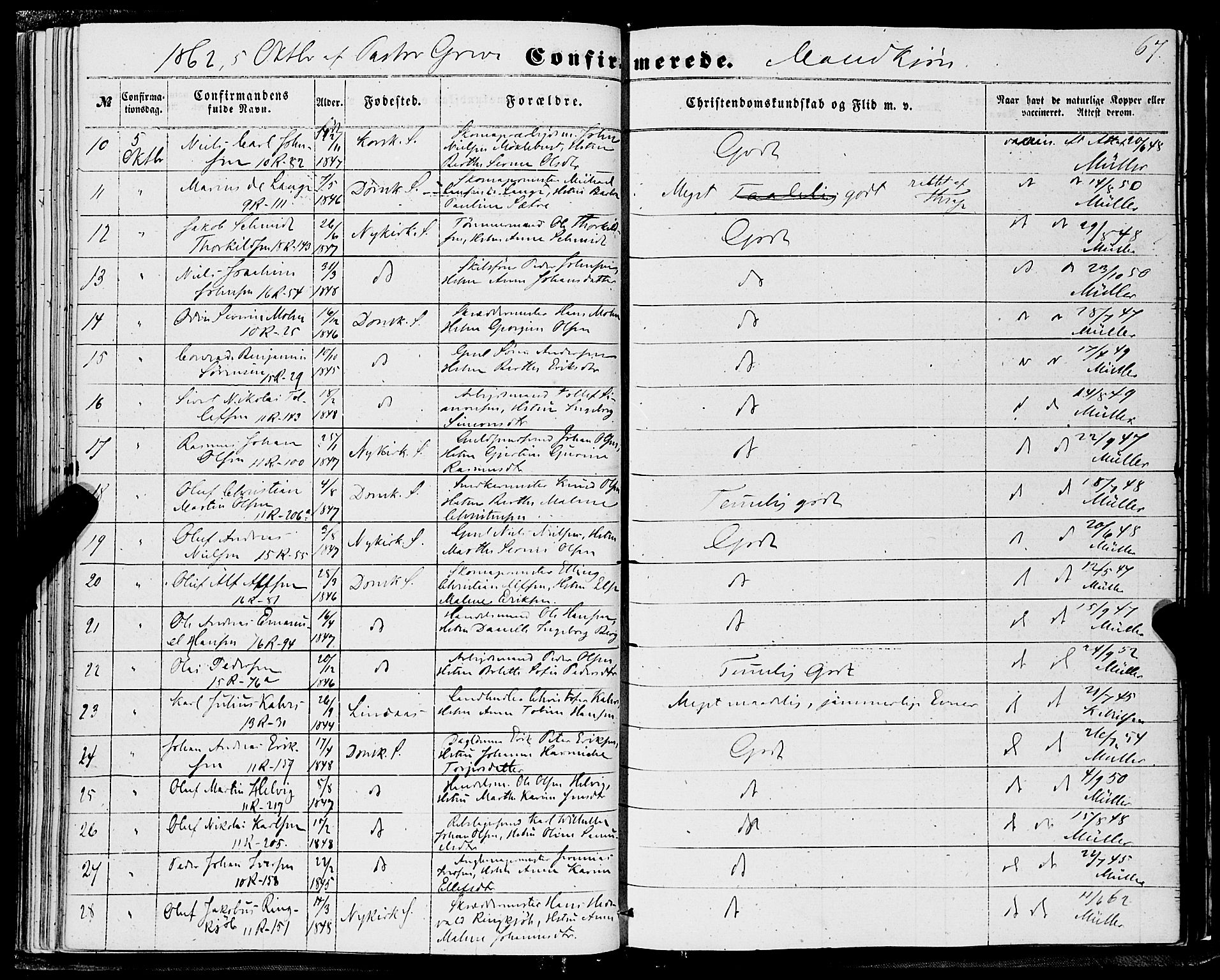 Domkirken sokneprestembete, AV/SAB-A-74801/H/Haa/L0028: Parish register (official) no. C 3, 1852-1864, p. 67