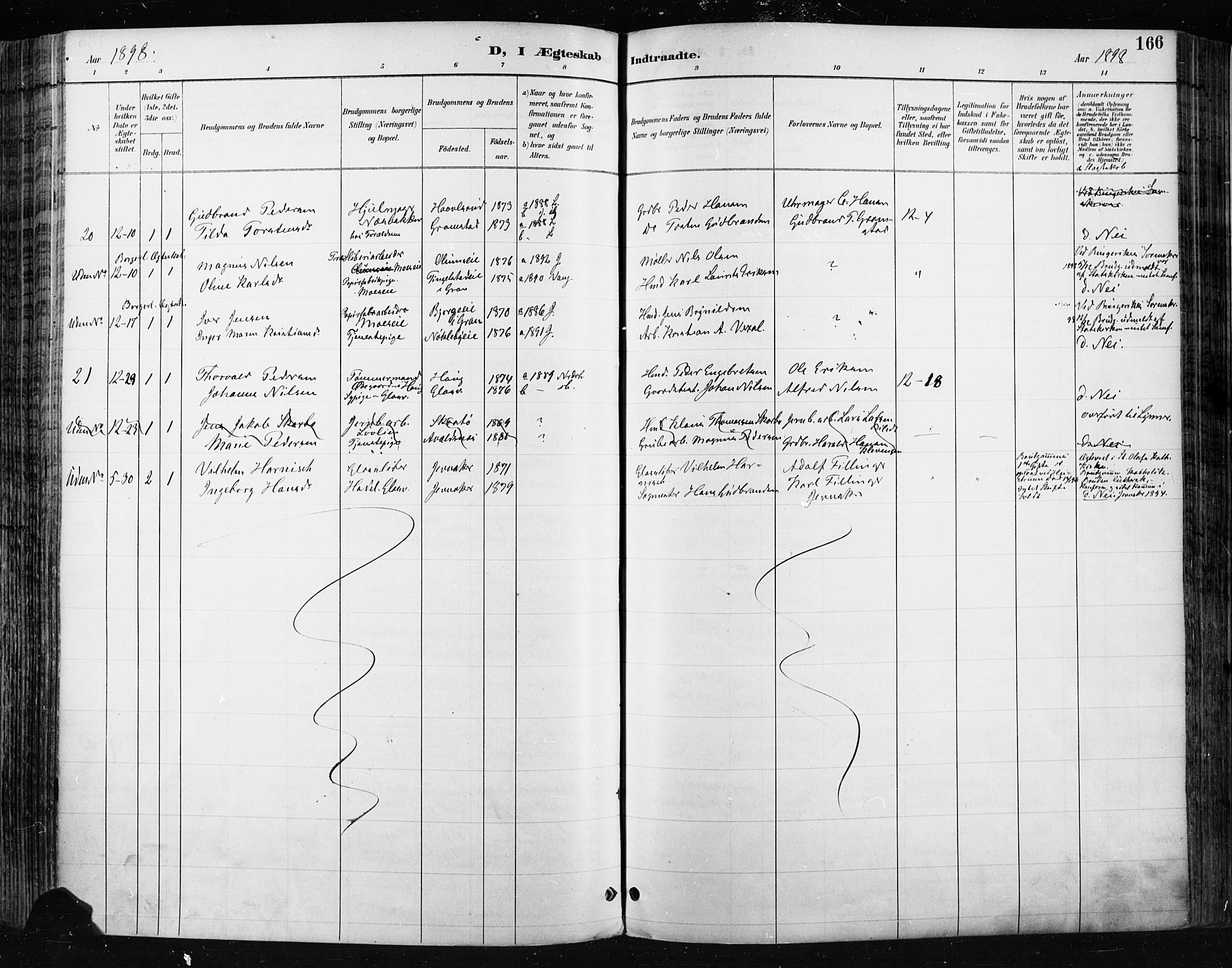 Jevnaker prestekontor, SAH/PREST-116/H/Ha/Haa/L0009: Parish register (official) no. 9, 1891-1901, p. 166