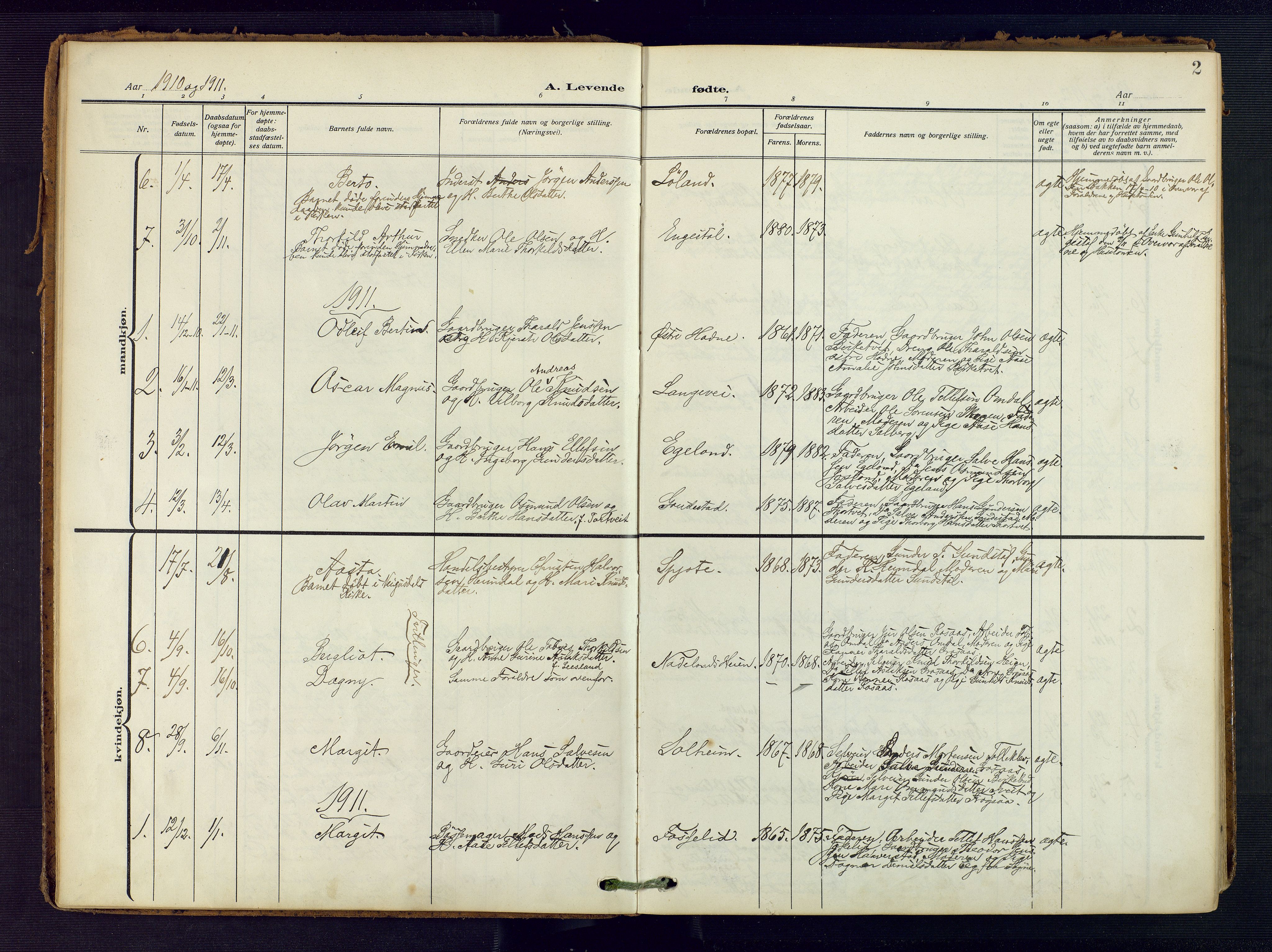 Evje sokneprestkontor, AV/SAK-1111-0008/F/Fa/Fac/L0004: Parish register (official) no. A 4, 1910-1932, p. 2