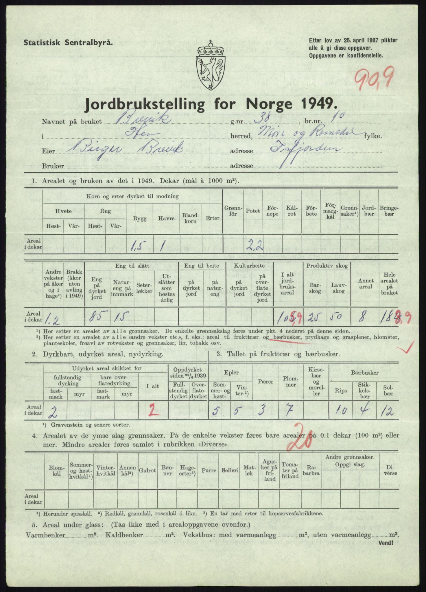 Statistisk sentralbyrå, Næringsøkonomiske emner, Jordbruk, skogbruk, jakt, fiske og fangst, AV/RA-S-2234/G/Gc/L0323: Møre og Romsdal: Grytten og Hen, 1949, p. 867