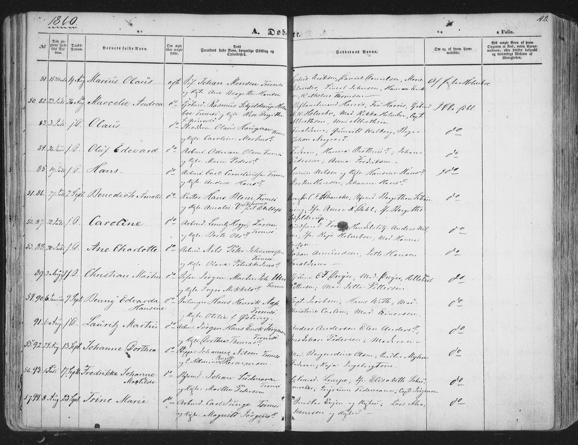 Tromsø sokneprestkontor/stiftsprosti/domprosti, SATØ/S-1343/G/Ga/L0011kirke: Parish register (official) no. 11, 1856-1865, p. 42