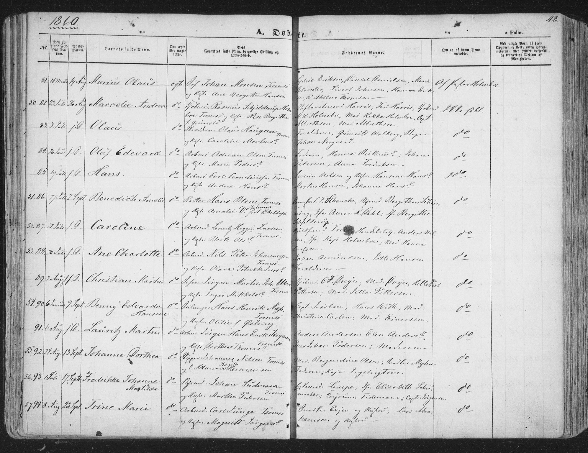 Tromsø sokneprestkontor/stiftsprosti/domprosti, AV/SATØ-S-1343/G/Ga/L0011kirke: Parish register (official) no. 11, 1856-1865, p. 42