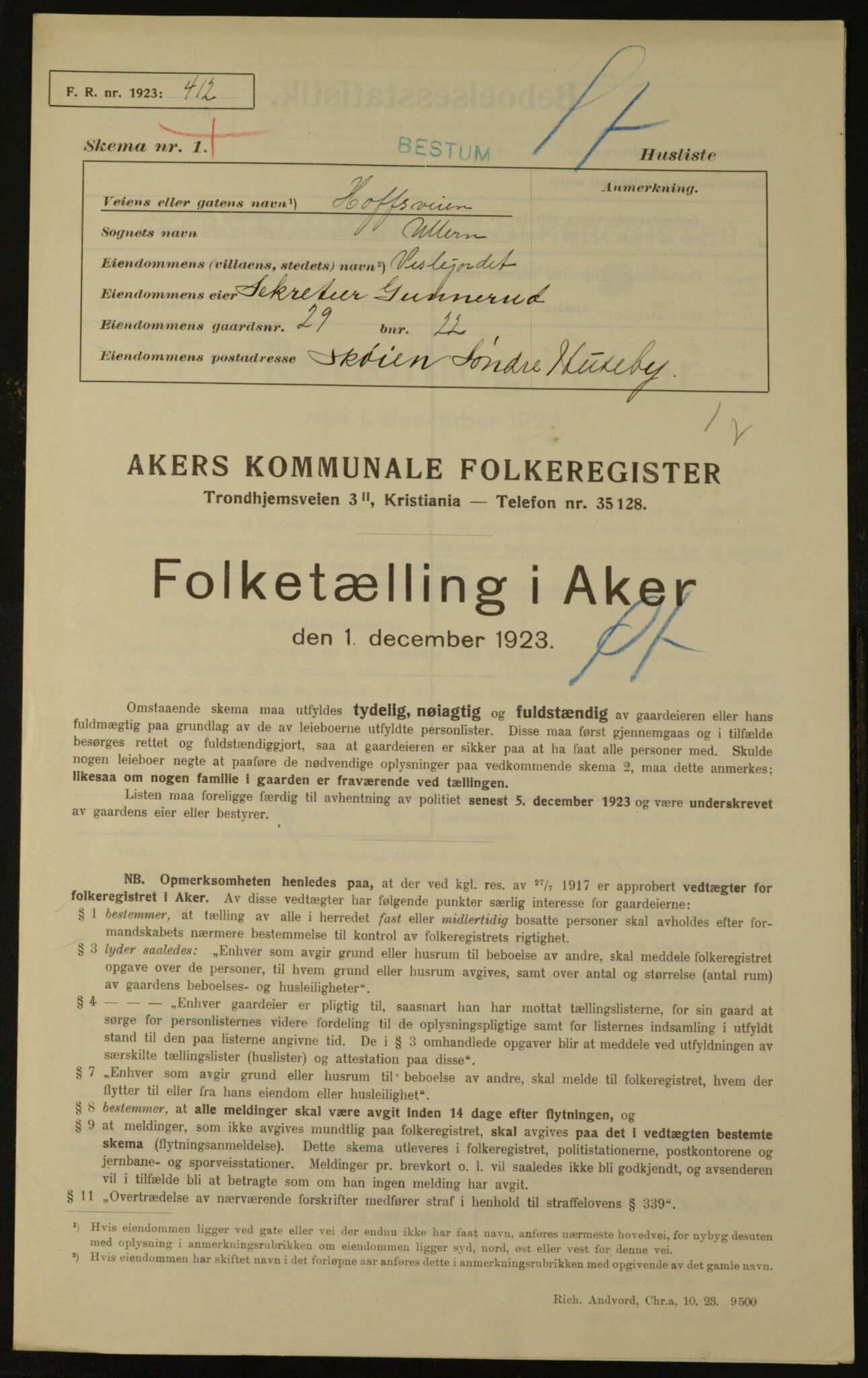 , Municipal Census 1923 for Aker, 1923, p. 2565