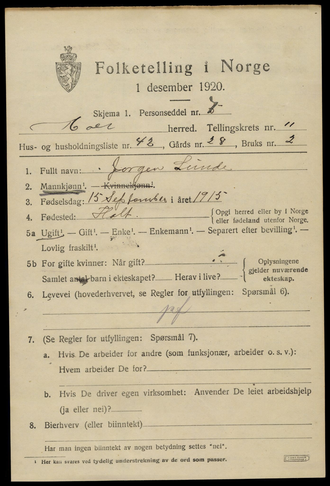 SAK, 1920 census for Holt, 1920, p. 6598