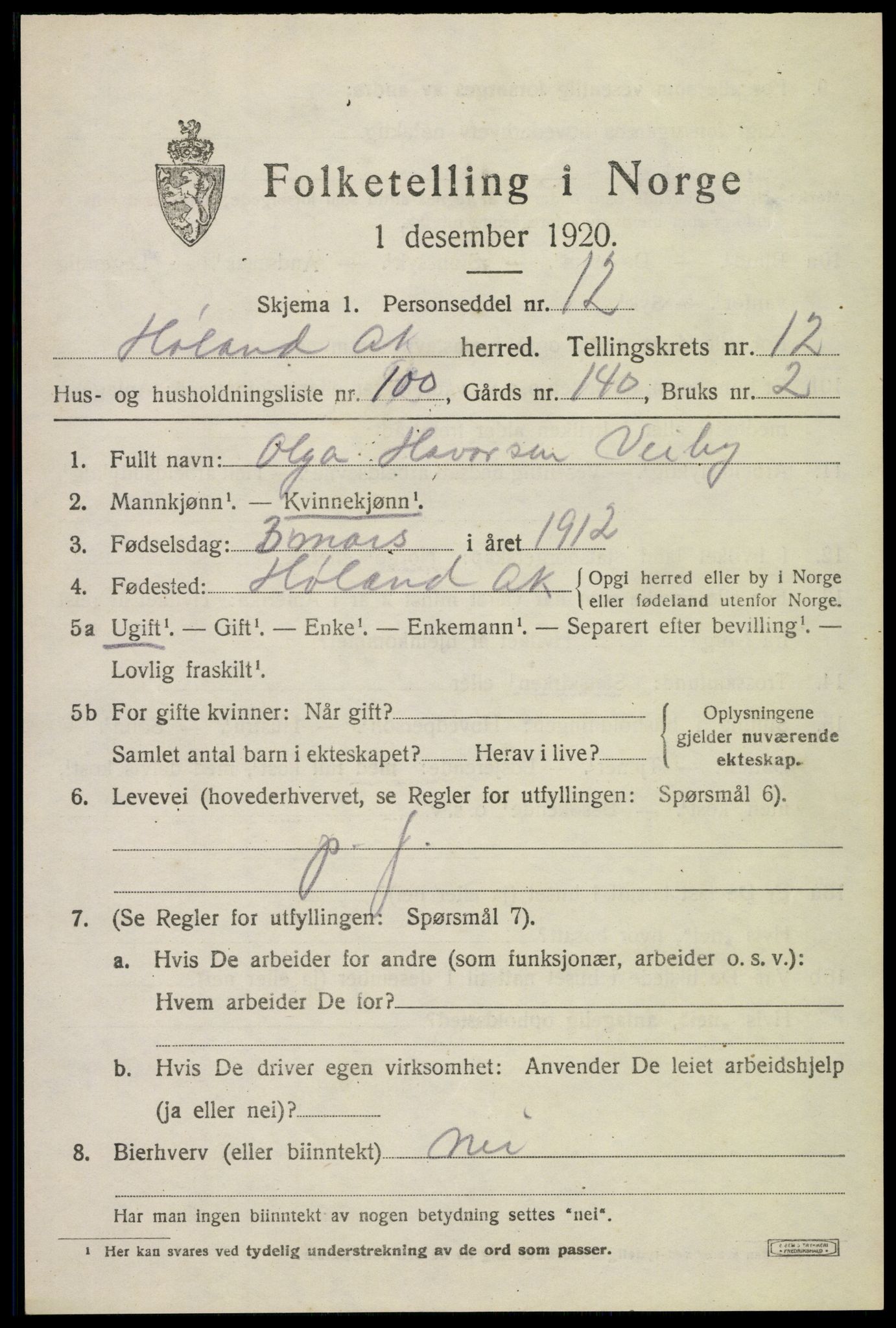 SAO, 1920 census for Høland, 1920, p. 12709