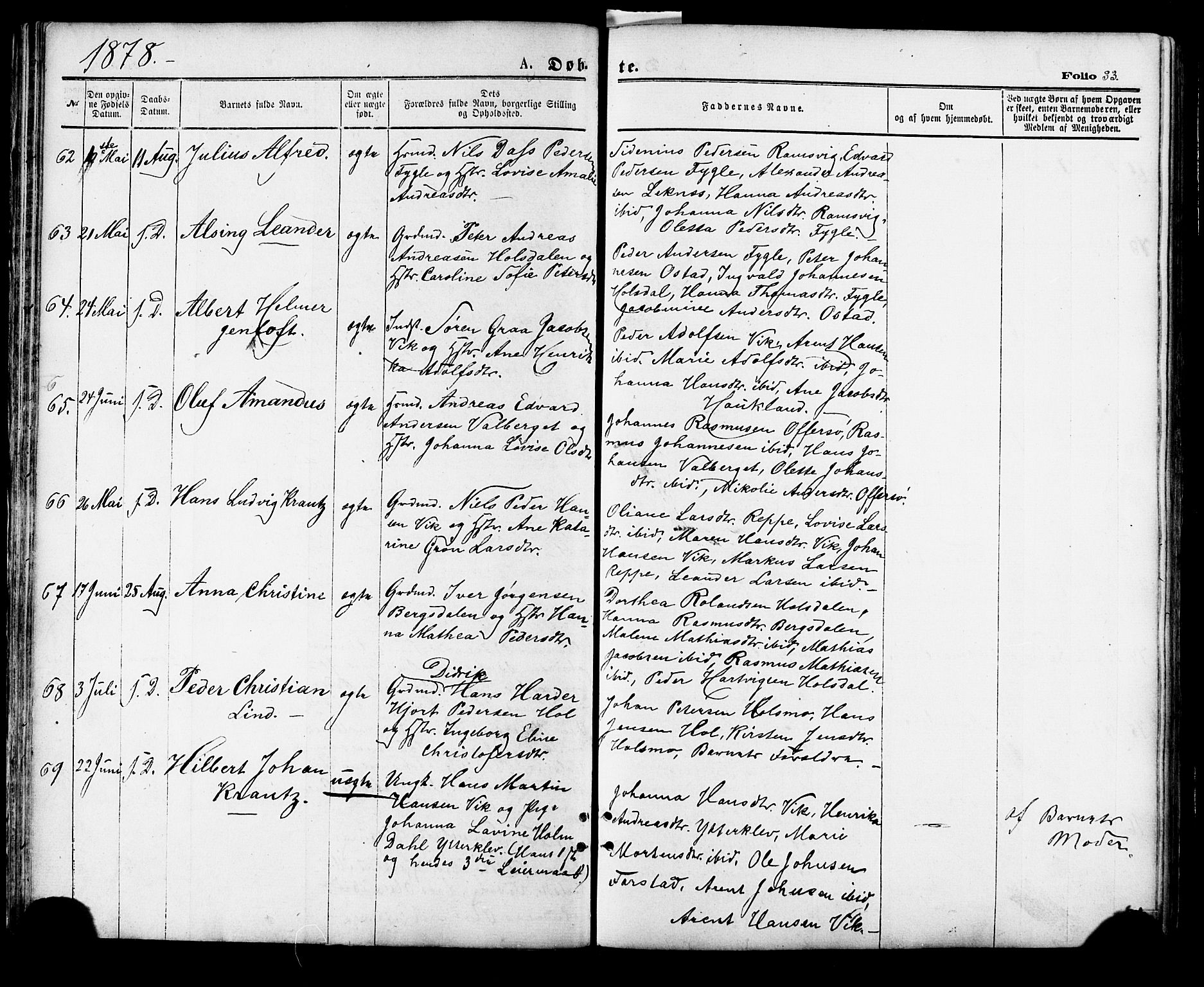 Ministerialprotokoller, klokkerbøker og fødselsregistre - Nordland, AV/SAT-A-1459/881/L1166: Parish register (copy) no. 881C03, 1876-1885, p. 33