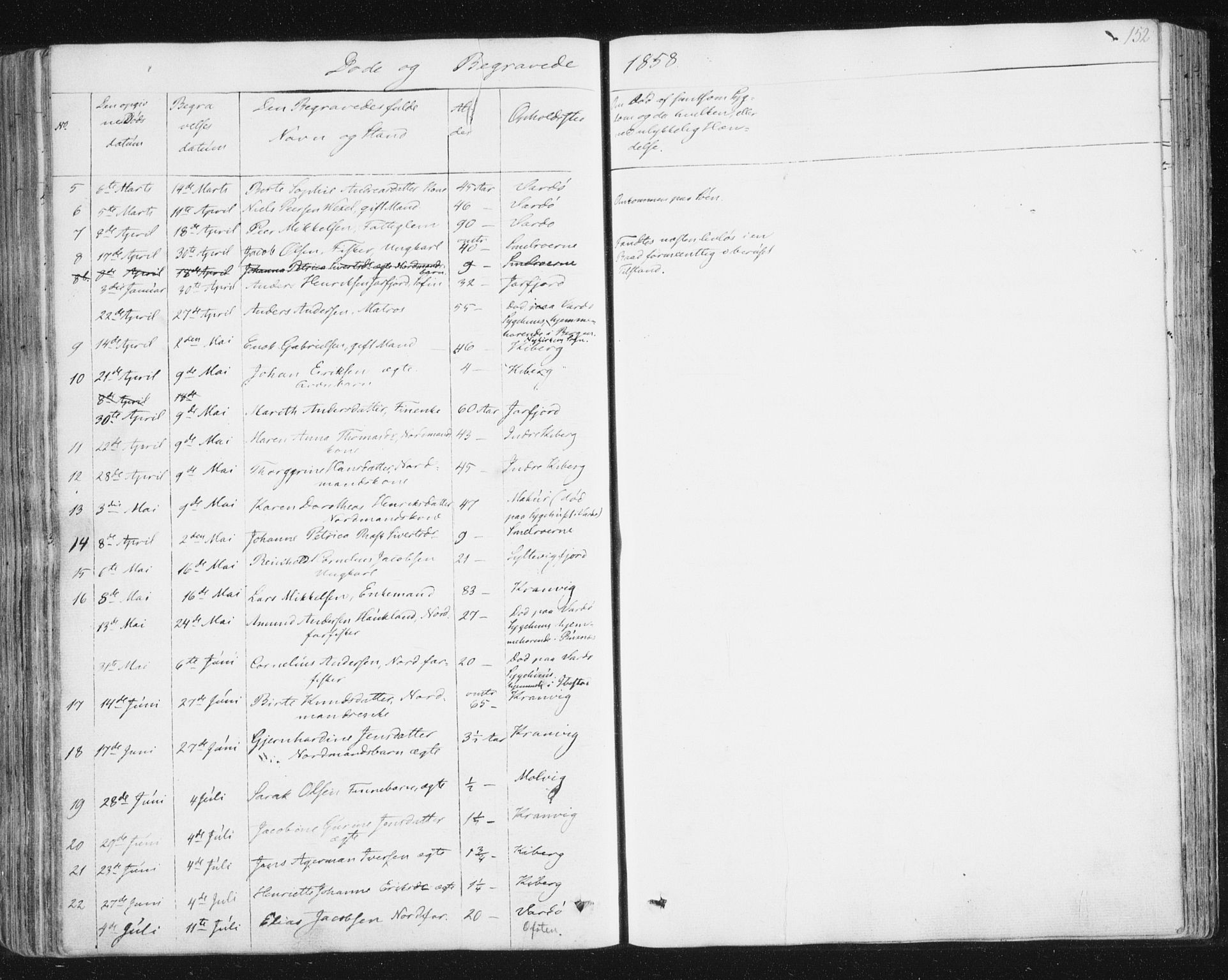 Vardø sokneprestkontor, AV/SATØ-S-1332/H/Ha/L0003kirke: Parish register (official) no. 3, 1843-1861, p. 152