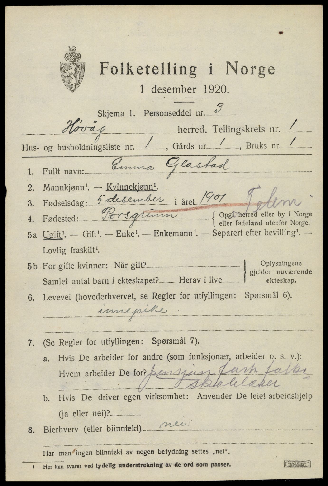 SAK, 1920 census for Høvåg, 1920, p. 884