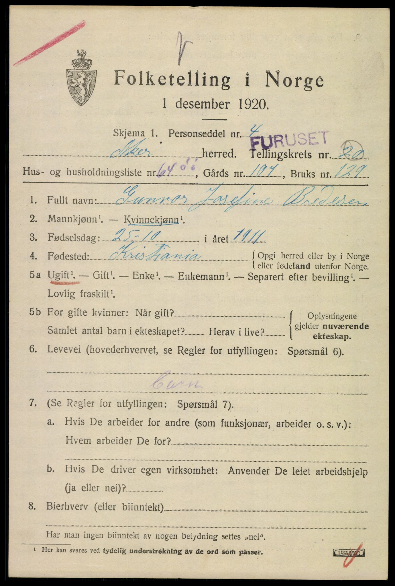 SAO, 1920 census for Aker, 1920, p. 122032